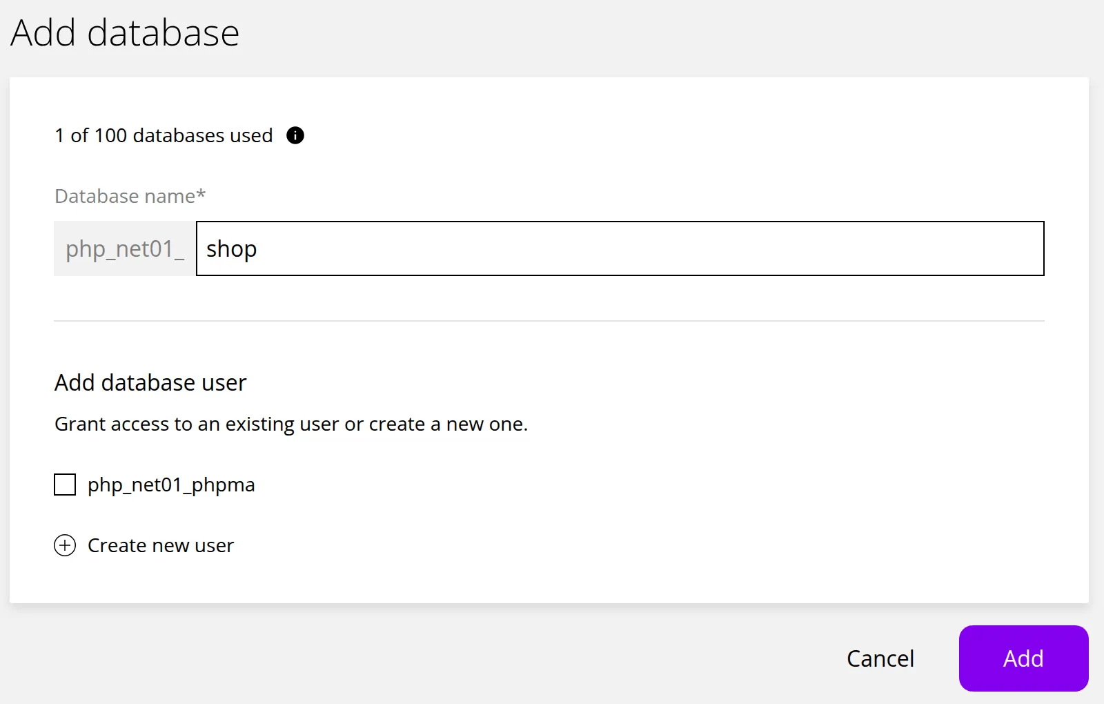 The Add database form. Marker 1 is beside the Database name field, which starts with a fixed prefix, marker 2 beside an existing database user that can be ticked, marker 3 beside Create new user and marker 4 above the Add button.