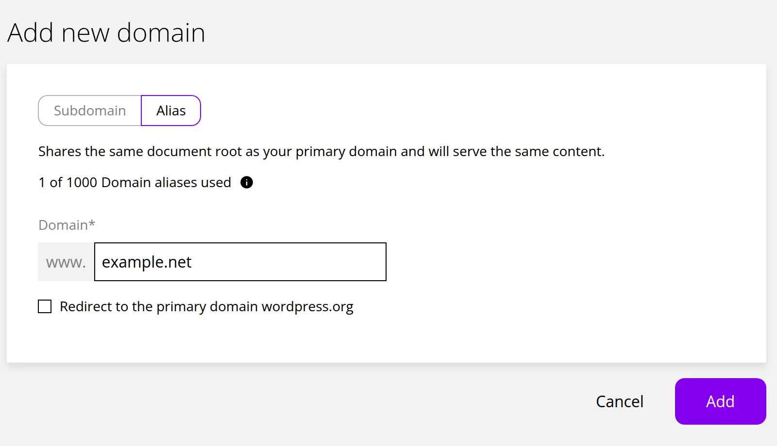 The Add new domain page with Alias selected. Marker 1 is beside the Subdomain and Alias choice, marker 2 beside the Domain field, marker 3 beside the Redirect to the primary domain option and marker 4 above the Add button.