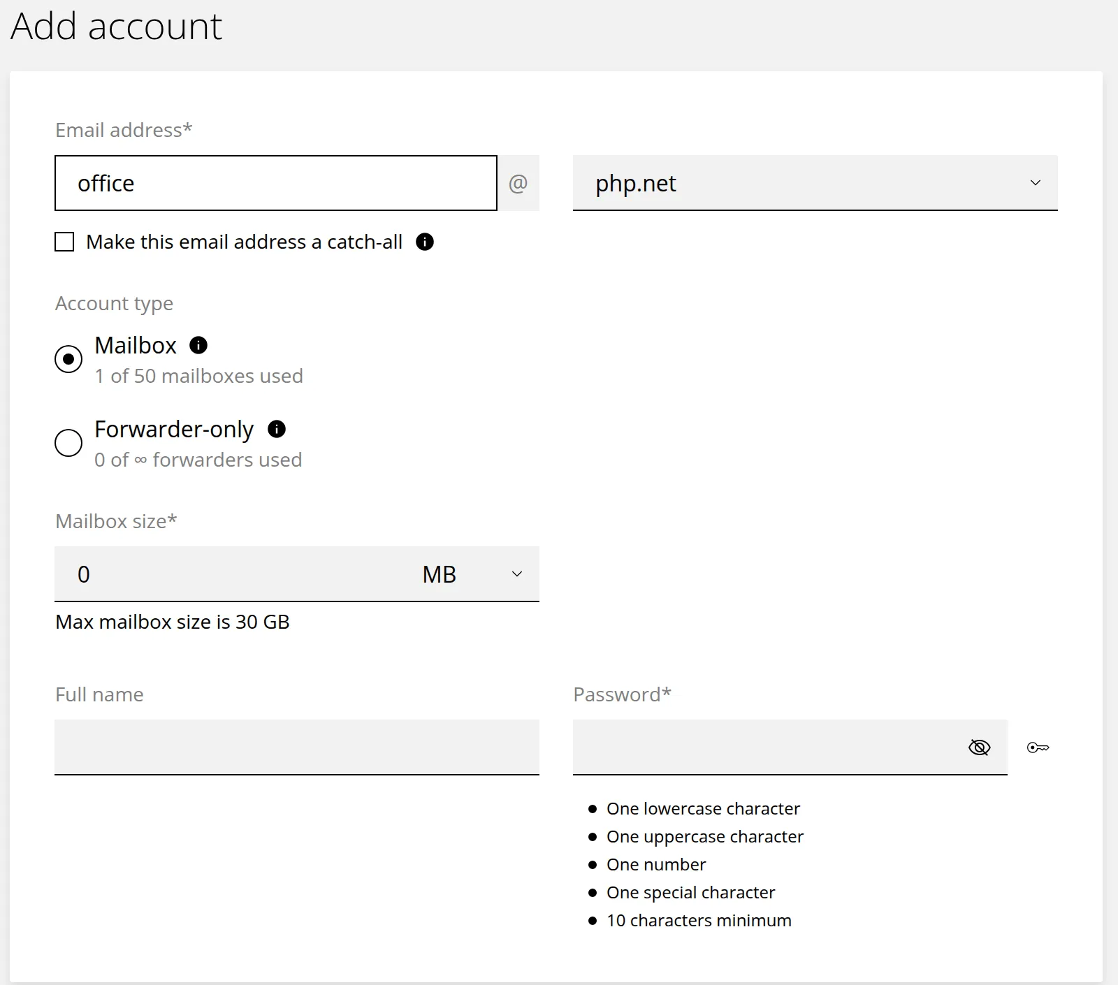 The Add account form. Marker 1 is beside the Email address field and the domain list, marker 2 beside Make this email address a catch-all, marker 3 beside the Account type choice of Mailbox or Forwarder-only, marker 4 beside Mailbox size and marker 5 beside the button that generates a password.