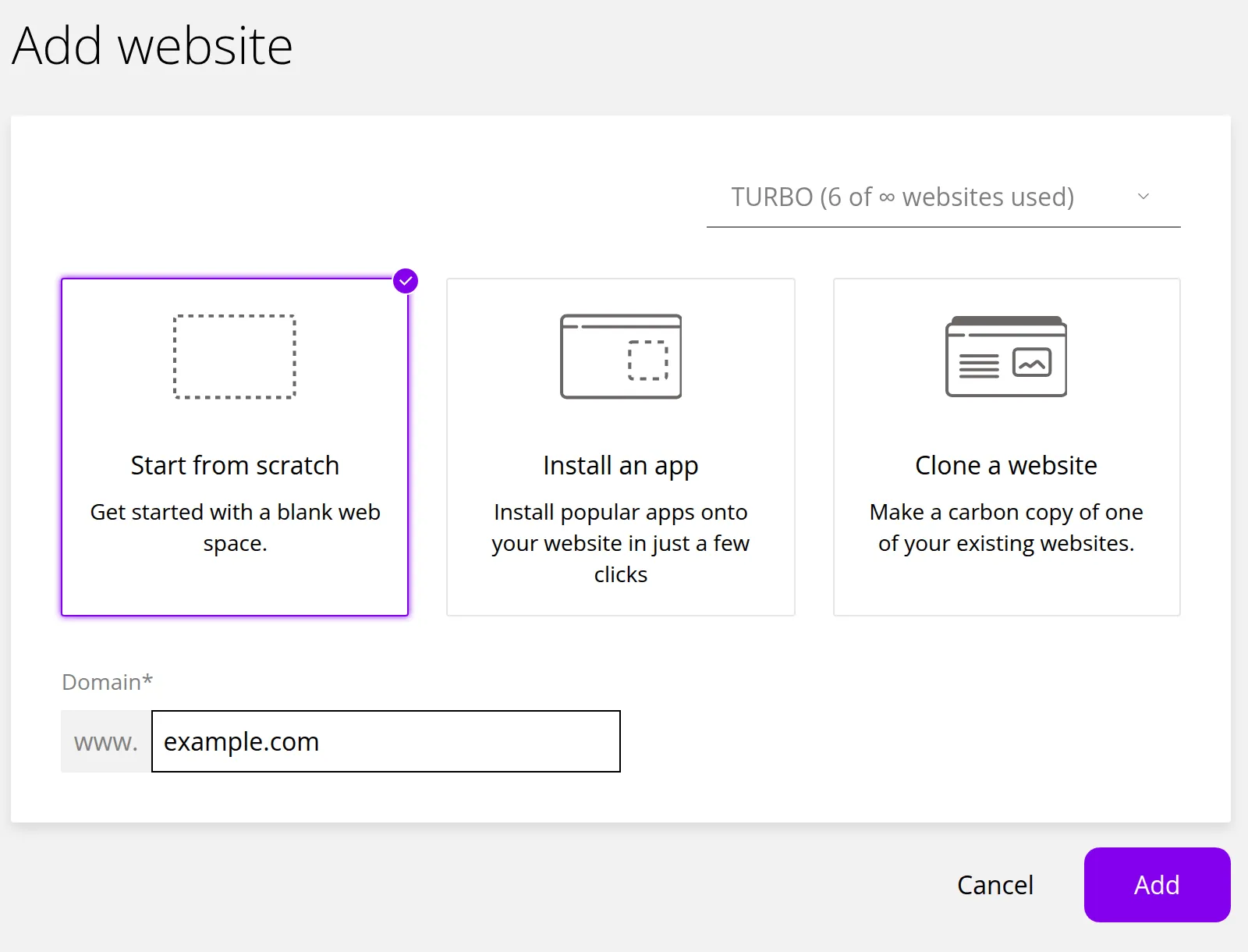 The Add website page. Marker 1 is above the three ways to start: Start from scratch, Install an app and Clone a website. Marker 2 is beside the Domain field and marker 3 above the Add button.