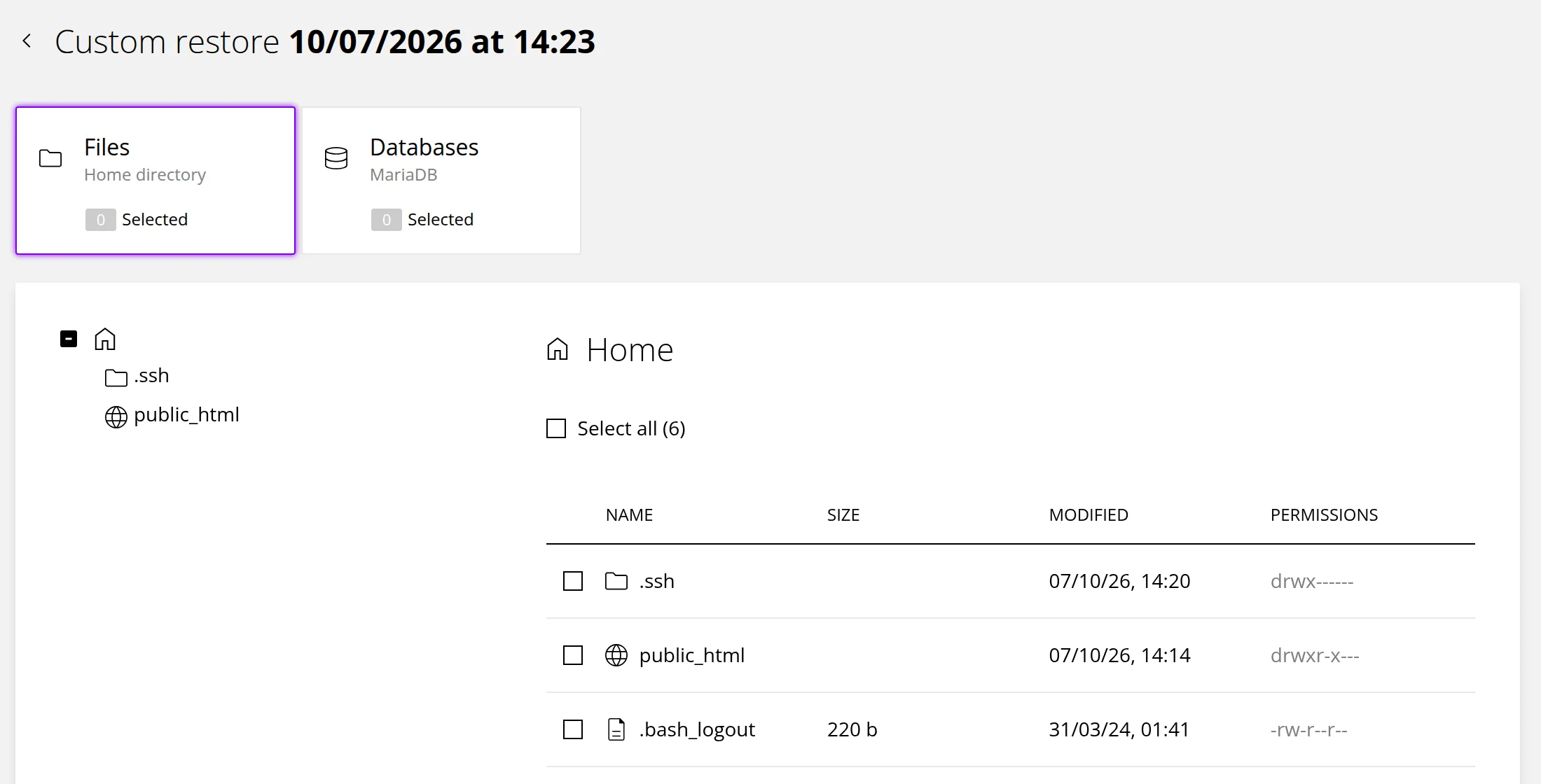 The Custom restore page for a backup. Marker 1 is beside the Files and Databases cards, each showing how many items are selected, and marker 2 beside the list of files in the backup with a checkbox on each row.