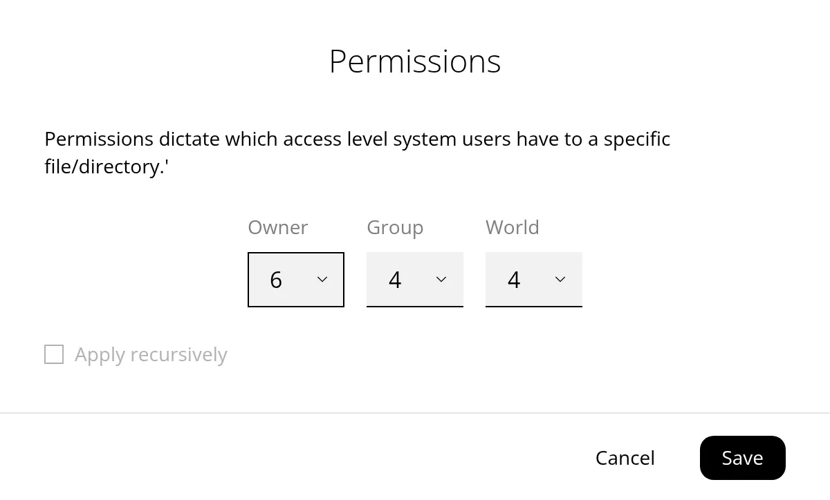 The Permissions dialog for a file with Owner set to 6, Group to 4 and World to 4, an Apply recursively option, and Cancel and Save buttons.