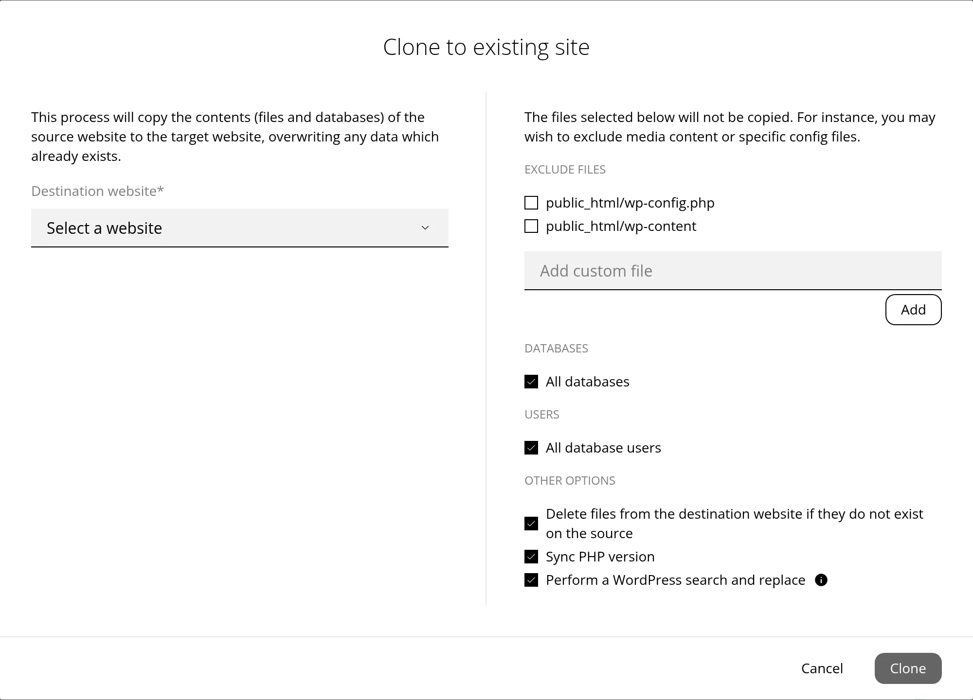 The Clone to existing site dialog. Marker 1 is beside the Destination website list, marker 2 beside the Exclude files options for public_html/wp-config.php and public_html/wp-content, marker 3 beside All databases, marker 4 beside Delete files from the destination website if they do not exist on the source, and marker 5 beside the Cancel and Clone buttons.