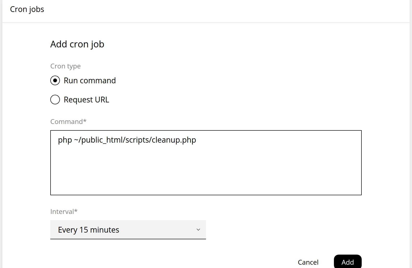The Add cron job form with Run command selected, a PHP command in the Command box and Every 15 minutes chosen as the interval. Marker 1 is beside the Cron type choice, marker 2 beside Command, marker 3 beside Interval and marker 4 beside the Add button.