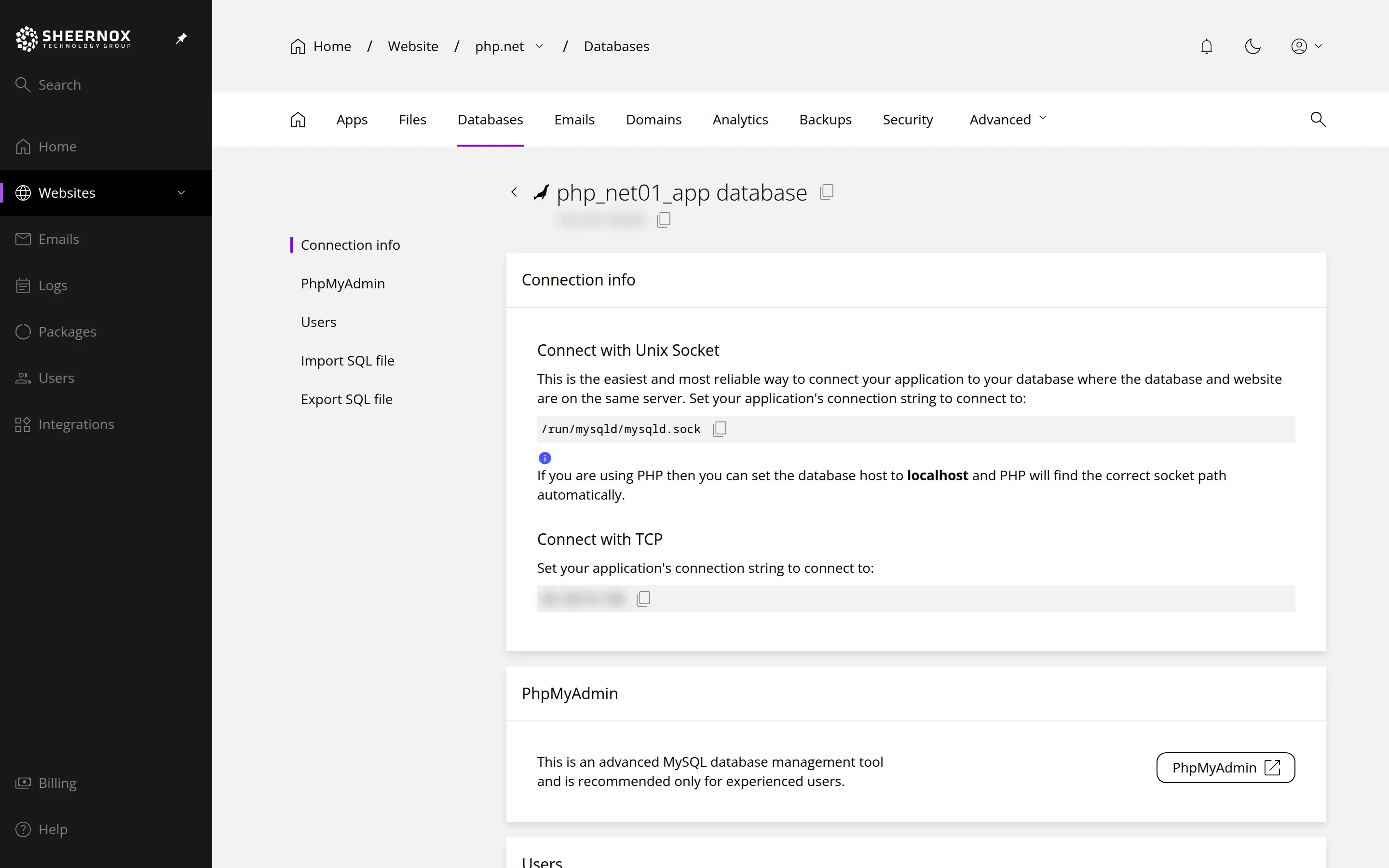 A database's Manage page. Marker 1 is beside the note that PHP applications can use localhost as the database host, marker 2 beside the PhpMyAdmin button and marker 3 beside the page's section list: Connection info, PhpMyAdmin, Users, Import SQL file and Export SQL file.