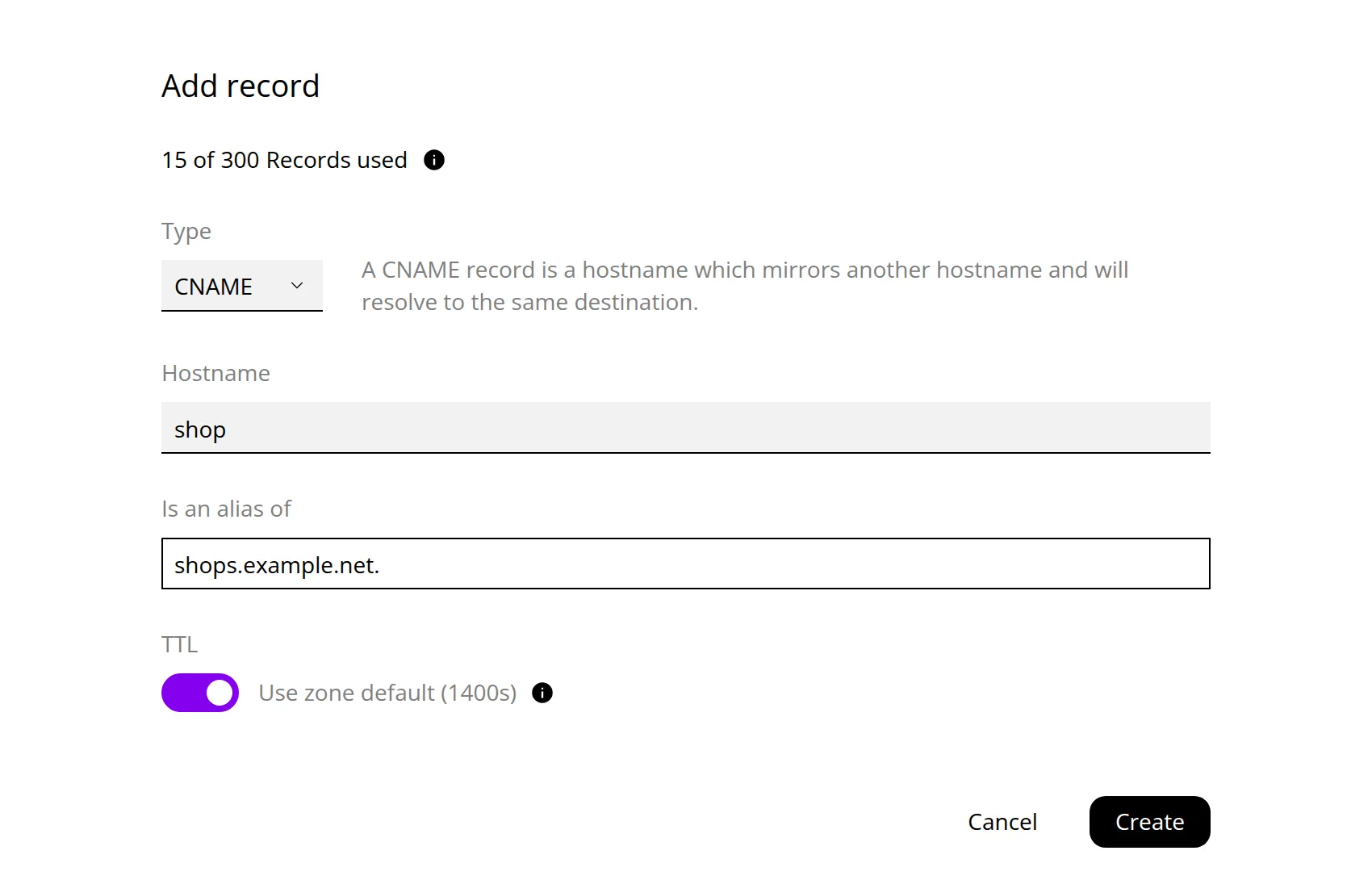 The Add record form with CNAME selected, shop as the hostname and shops.example.net. with a trailing dot as the alias. Marker 1 is beside the Type list, marker 2 beside Hostname, marker 3 beside Is an alias of, marker 4 beside the TTL switch and marker 5 above the Create button.