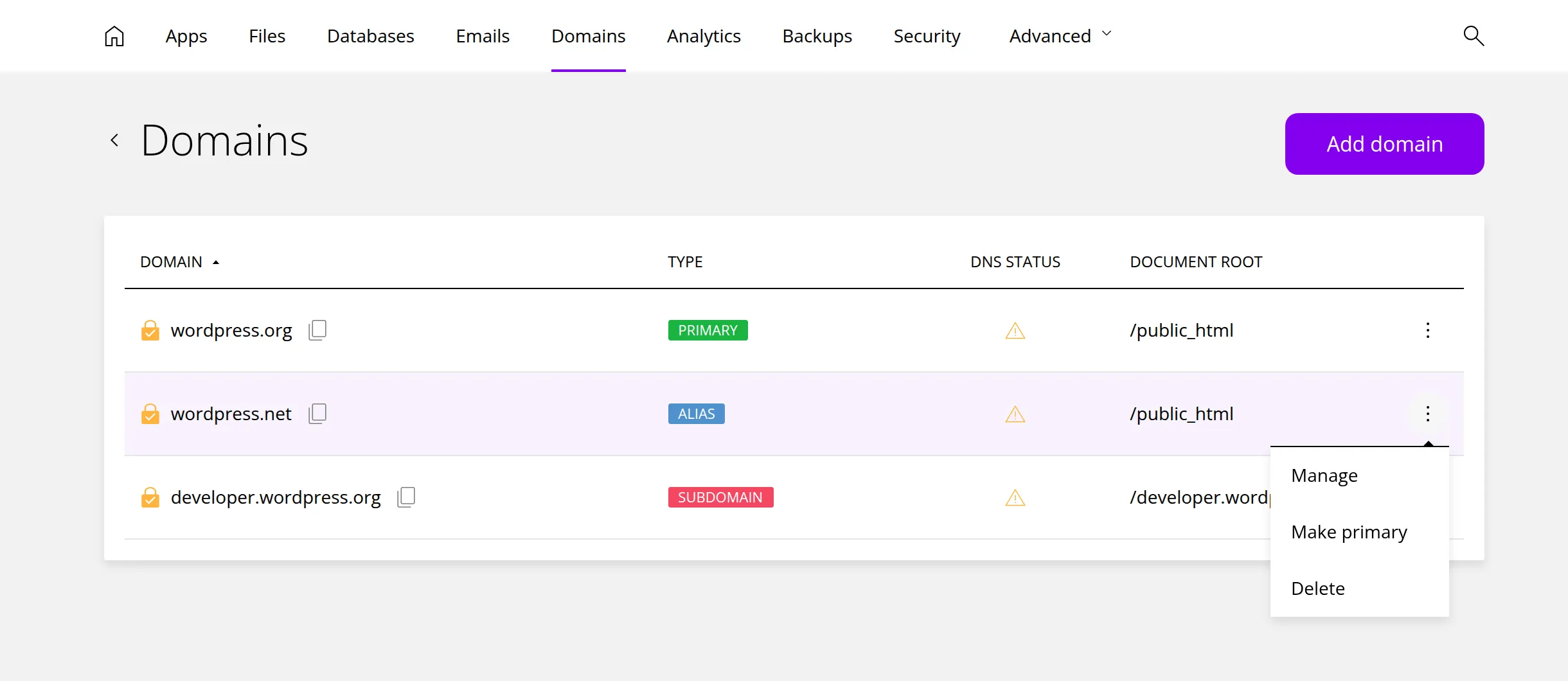 A website's Domains list with a primary domain, an alias and a subdomain, and the alias's menu open with Manage, Make primary and Delete. Marker 1 is beside the Add domain button, marker 2 beside the Type column, marker 3 beside the DNS status icons and marker 4 beside the open menu.