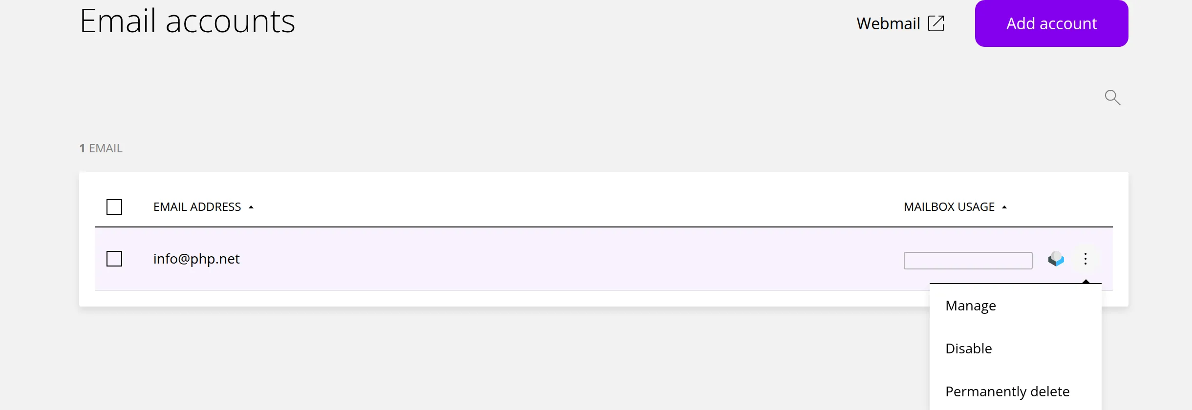 The Email accounts list with one address and its menu open with Manage, Disable and Permanently delete. Marker 1 is beside the Webmail link, marker 2 below the Add account button, marker 3 above the address's webmail button and marker 4 beside the open menu.