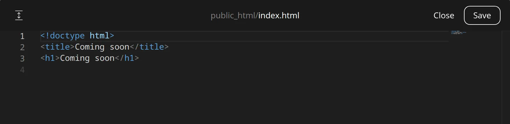 The File Manager editor with public_html/index.html open, showing three lines of HTML, and the Close and Save buttons at the top right.