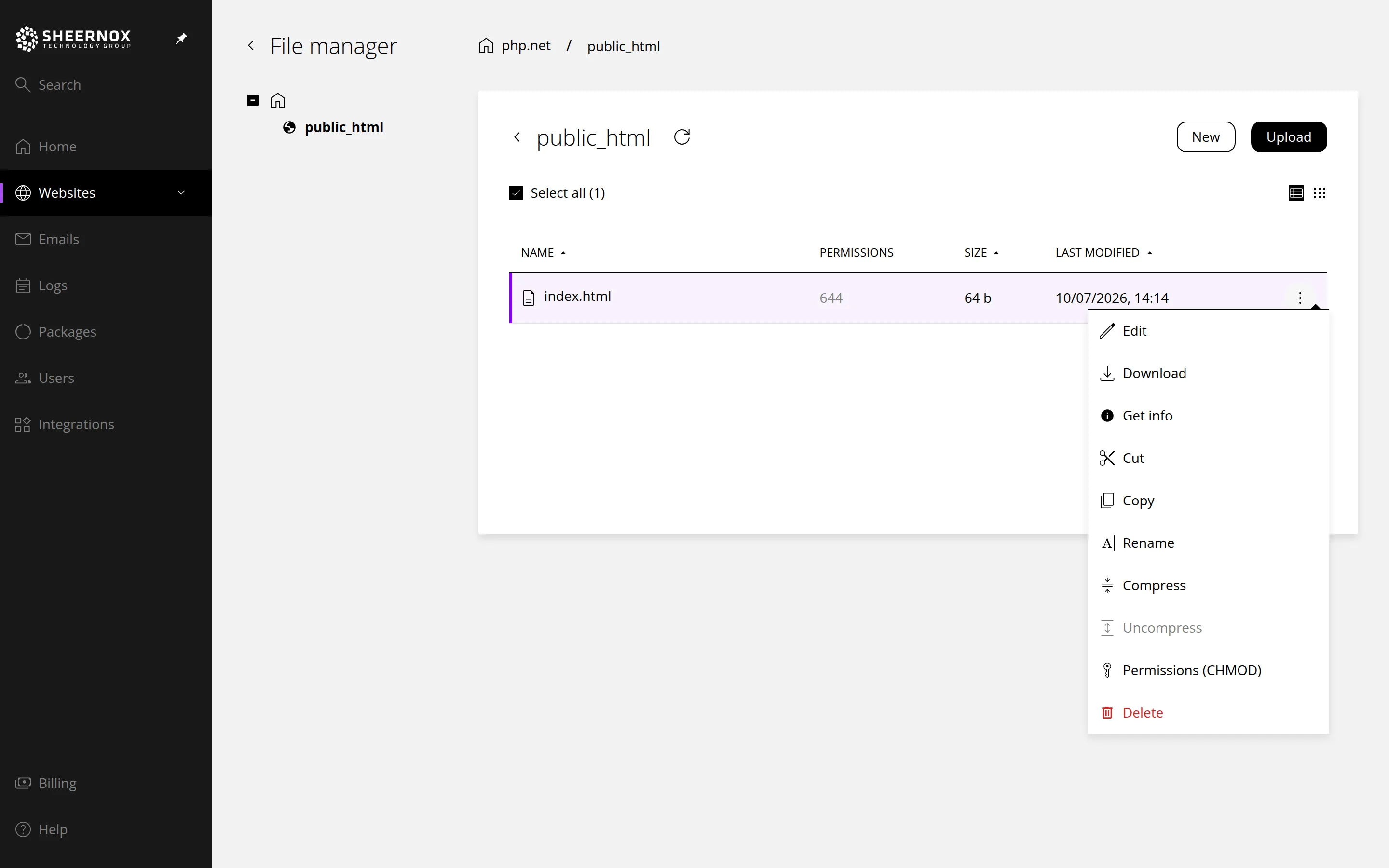File Manager showing the public_html folder with one file, index.html, and its menu open. Marker 1 is beside the folder tree, marker 2 beside the New button, marker 3 beside the Upload button, marker 4 beside the file menu with Edit, Download, Get info, Cut, Copy, Rename, Compress, Uncompress, Permissions (CHMOD) and Delete, and marker 5 beside Select all.