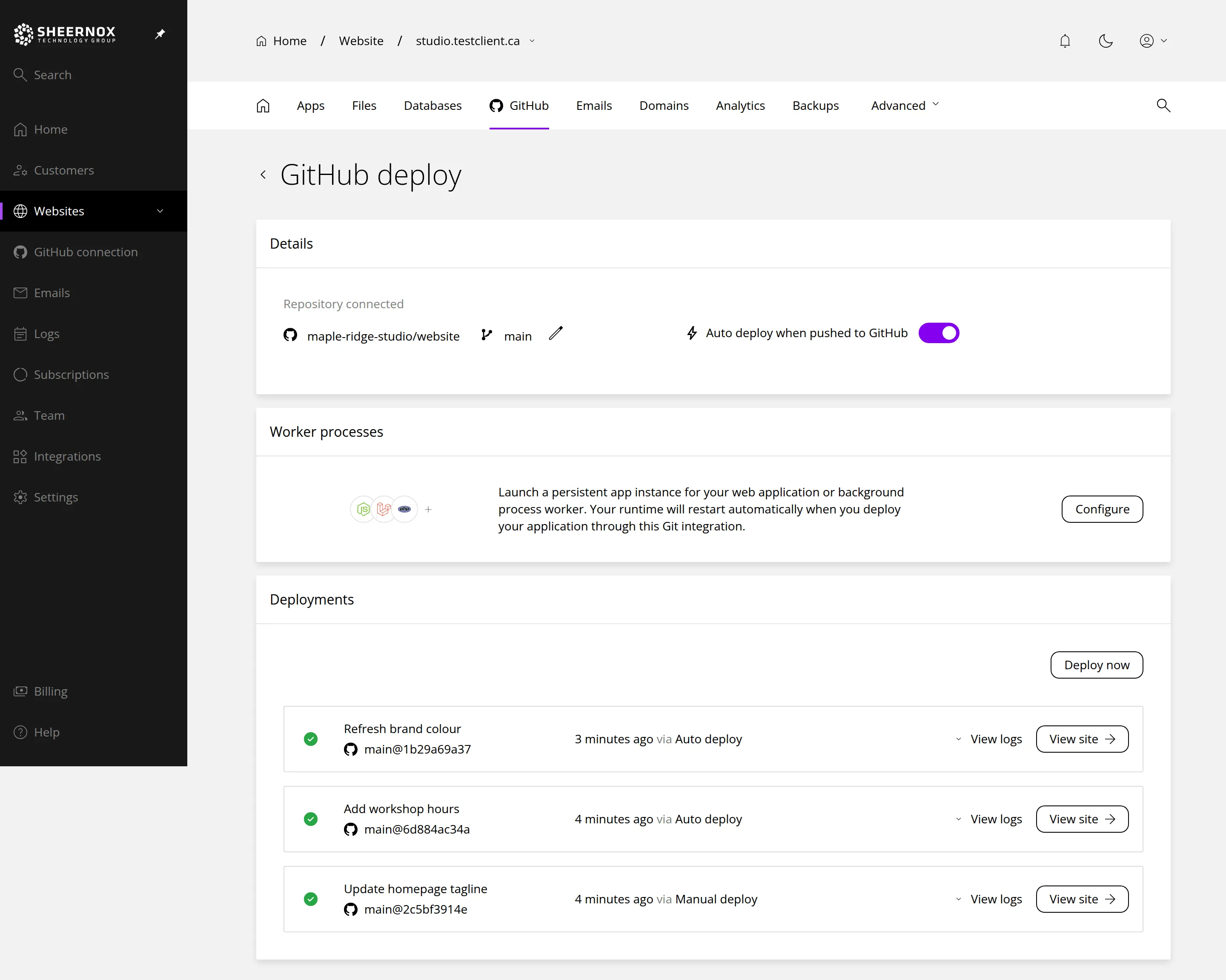 A website's GitHub deploy page. The Details card shows the connected repository and its main branch, with Auto deploy when pushed to GitHub switched on. The Deployments card lists three successful deployments, two started by Auto deploy and one by Manual deploy, each with View logs and View site. Marker 1 is beside the connected repository, marker 2 beside the auto deploy switch, marker 3 beside the Deploy now button and marker 4 beside the newest deployment.