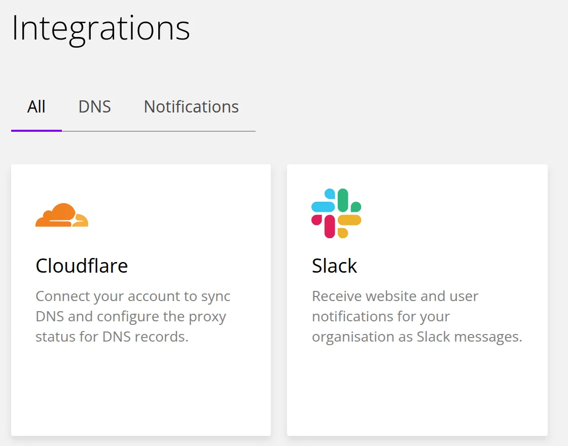 The Integrations page with the All, DNS and Notifications tabs and two integrations: Cloudflare and Slack, each with a short description.