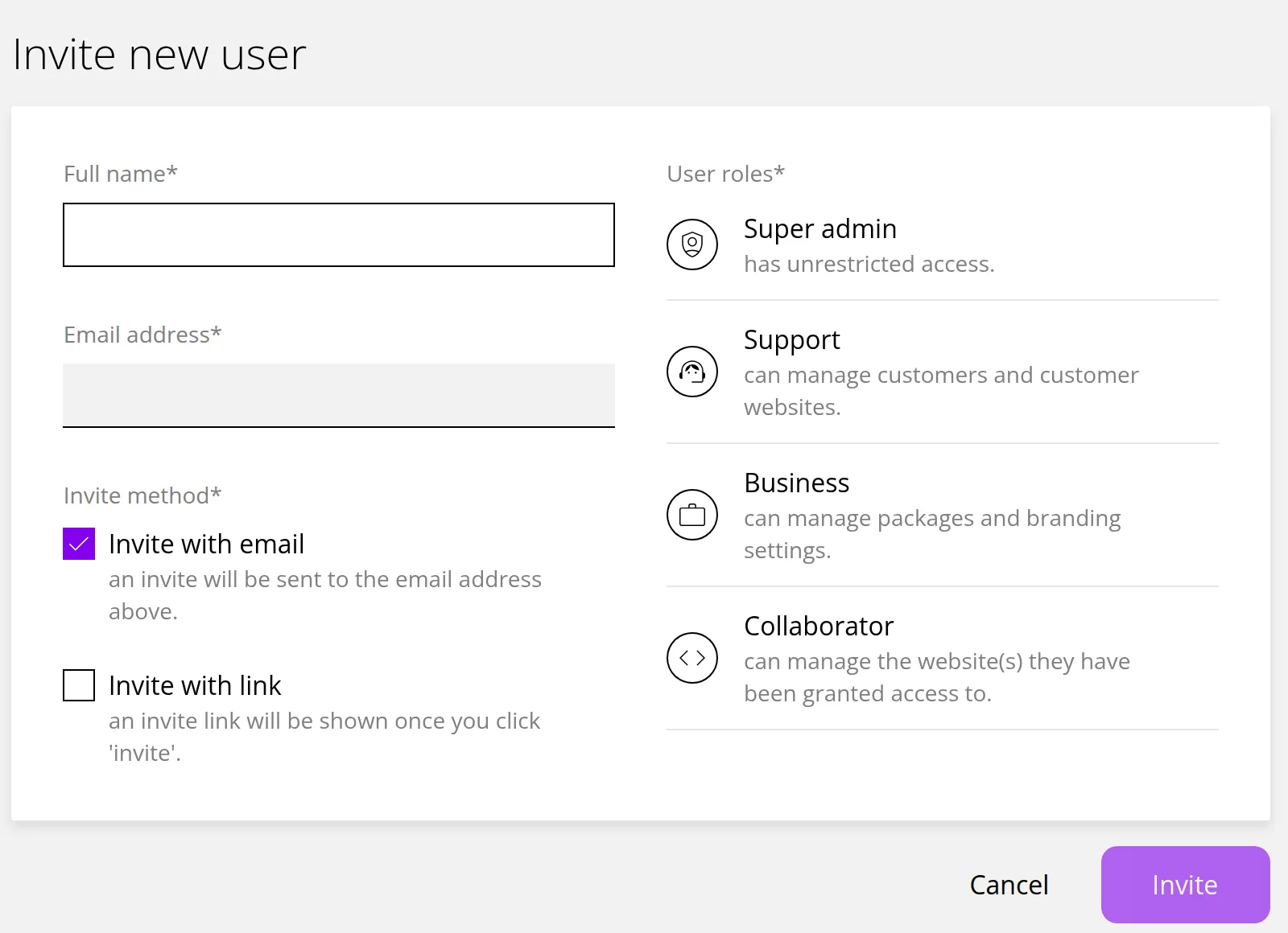 The Invite new user form. Marker 1 is beside the Full name label, marker 2 beside the invite method, with Invite with email ticked, and marker 3 beside the list of user roles: Super admin, Support, Business and Collaborator.