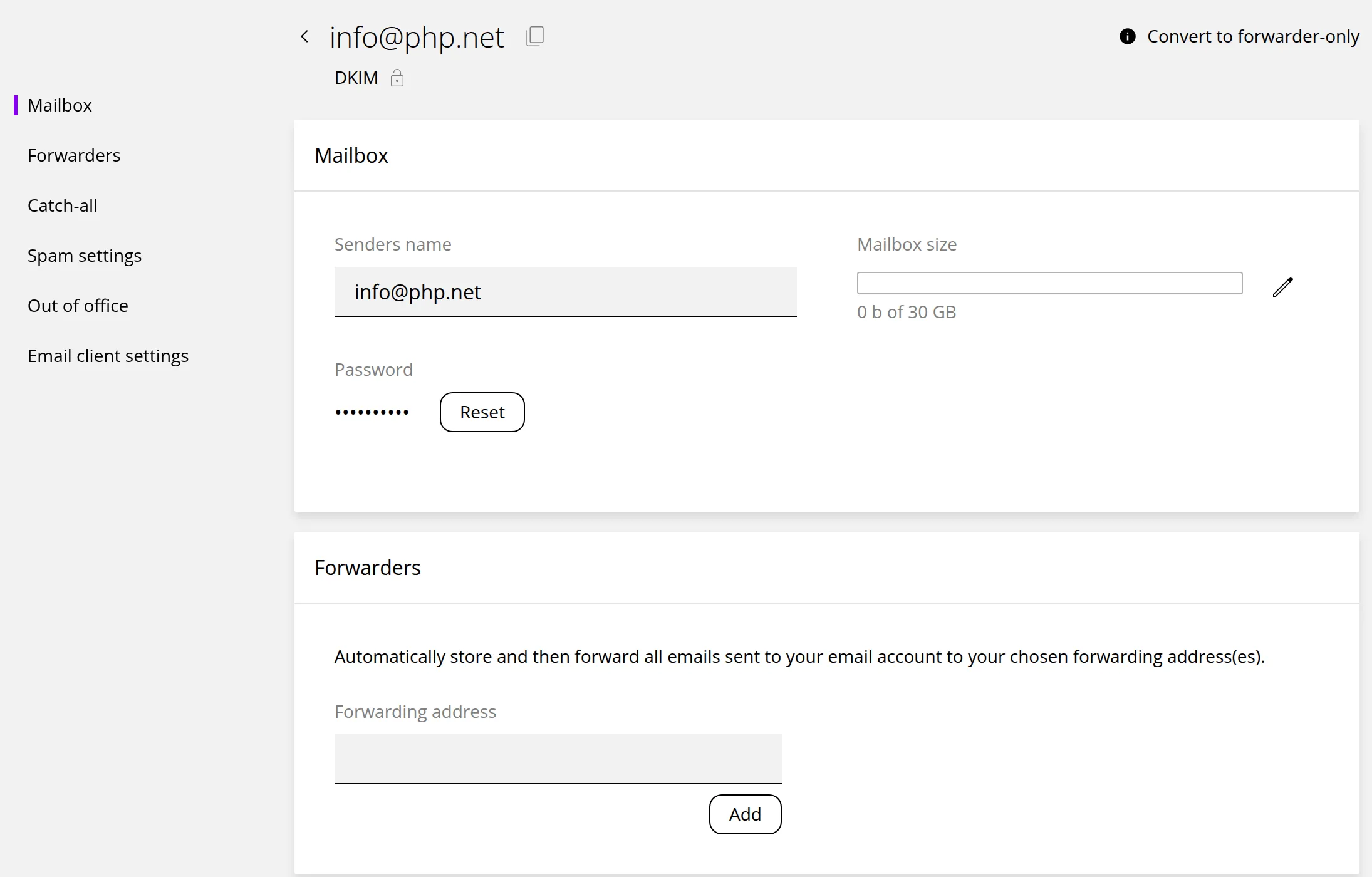 A mailbox's settings page. Marker 1 is beside the section list: Mailbox, Forwarders, Catch-all, Spam settings, Out of office and Email client settings. Marker 2 is beside the password Reset button, marker 3 below the Mailbox size edit button, marker 4 beside the forwarding address Add button and marker 5 below Convert to forwarder-only.