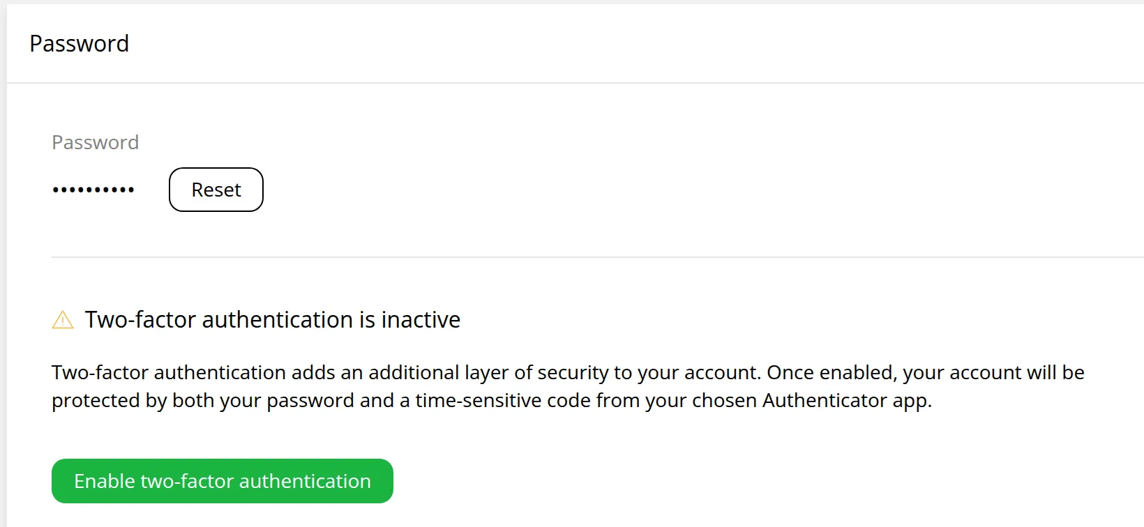 The Password section of My account, with the Reset button for the password and the Enable two-factor authentication button.