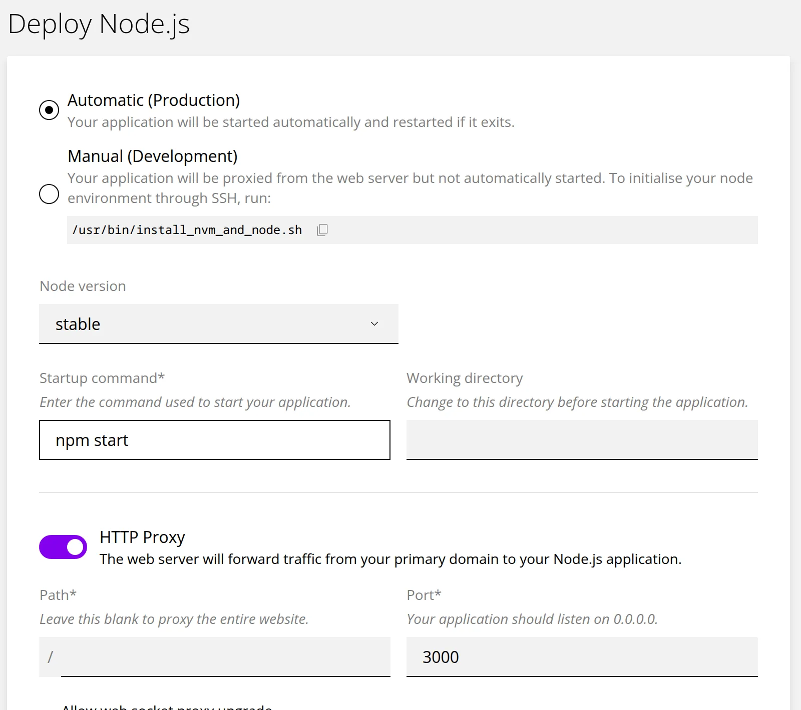 The Deploy Node.js form with Automatic (Production) selected, Node version stable, npm start as the startup command and HTTP Proxy switched on with port 3000. Marker 1 is beside the Automatic and Manual choice, marker 2 beside Node version, marker 3 beside Startup command, marker 4 beside Working directory and marker 5 beside the HTTP Proxy settings.