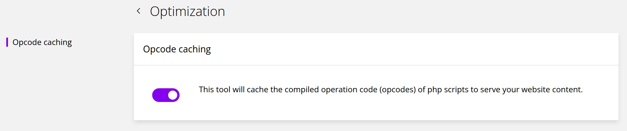 The Optimization page with the Opcode caching switch turned on.