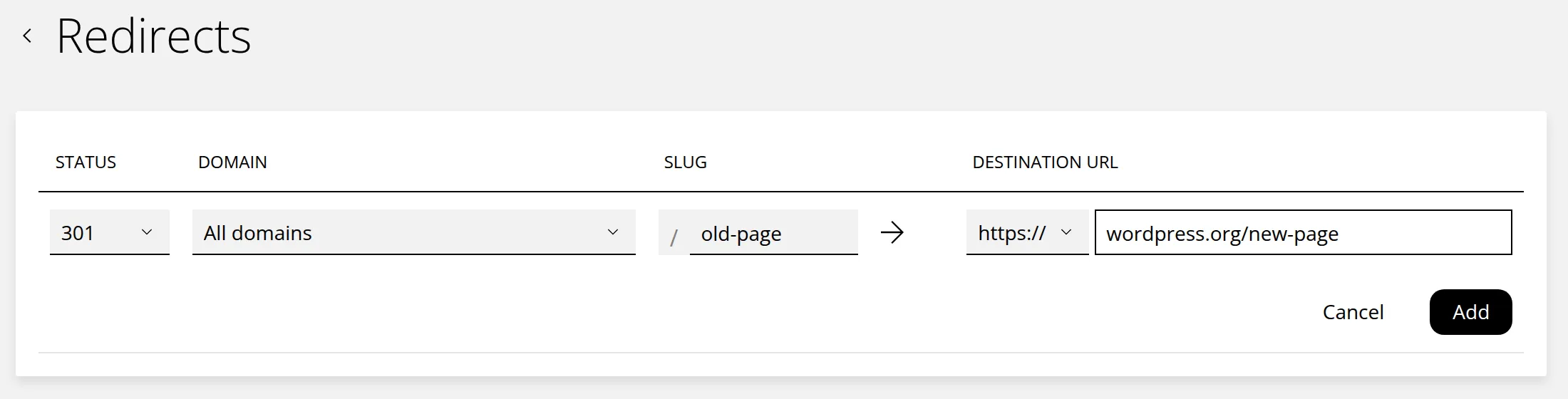 The Redirects page with a new redirect being added: status 301, All domains, the slug old-page, and the destination https://wordpress.org/new-page. Markers 1 to 4 are beside the Status, Domain, Slug and Destination URL column headings, and marker 5 is beside the Cancel and Add buttons.