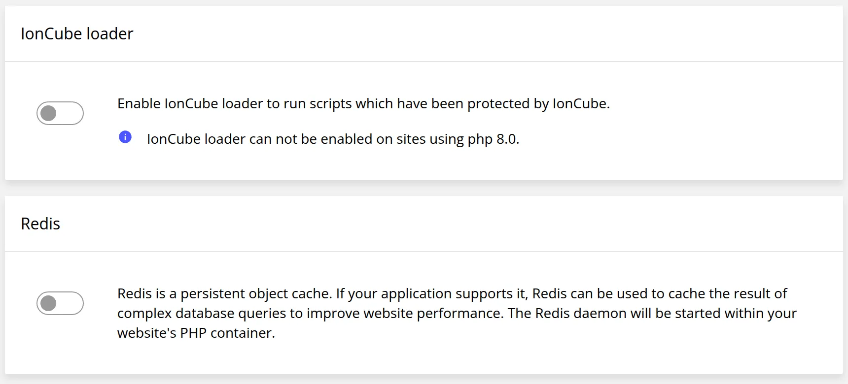 The IonCube loader and Redis sections of Developer tools, each with a switch that is off.