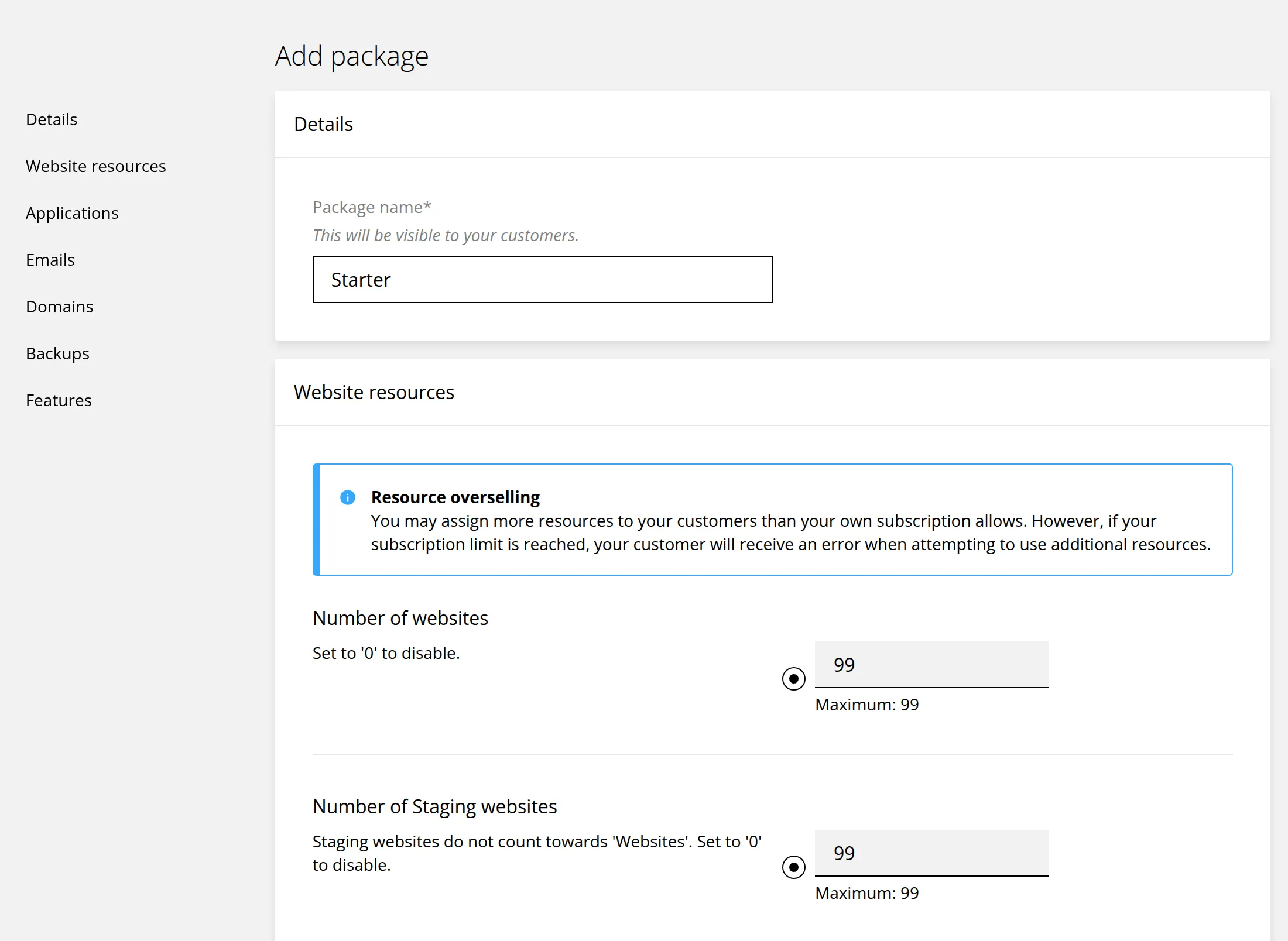 The Add package form. Marker 1 is beside the list of sections: Details, Website resources, Applications, Emails, Domains, Backups and Features. Marker 2 is beside Package name and marker 3 beside Number of websites.
