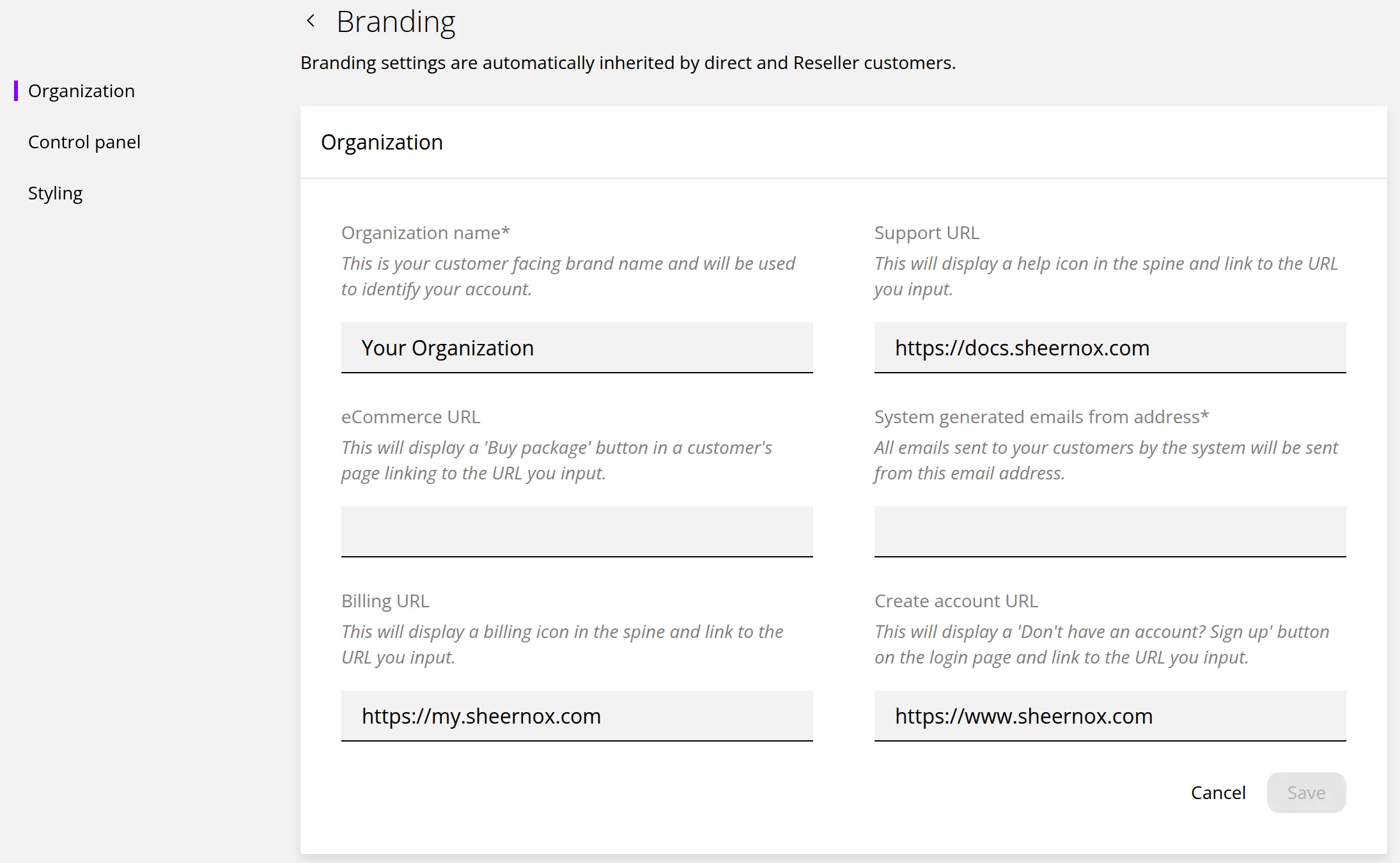 The Organization section of Branding settings. Marker 1 is beside the Organization name label, marker 2 beside the Support URL label, marker 3 beside System generated emails from address and marker 4 beside Billing URL.