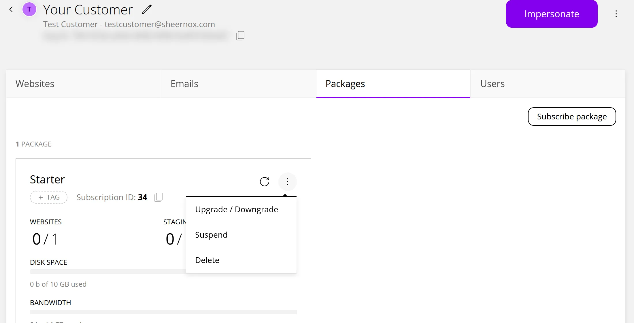 A customer's page on the Packages tab, showing the Starter package with its usage and its menu open with Upgrade / Downgrade, Suspend and Delete. Marker 1 is beside the Impersonate button, marker 2 beside the Packages tab, marker 3 beside Subscribe package and marker 4 beside the package's menu.