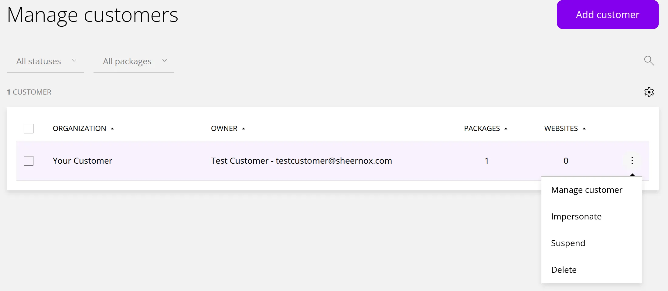 The Manage customers list with one customer and its menu open with Manage customer, Impersonate, Suspend and Delete. Marker 1 is beside the Add customer button, marker 2 beside the open menu and marker 3 beside the status and package filters.