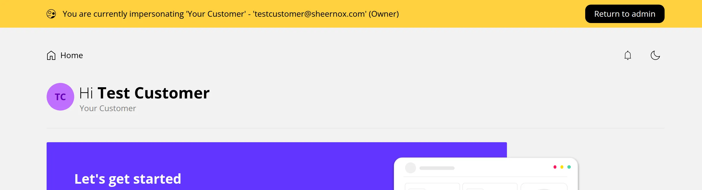 The control panel while impersonating a customer, with a yellow banner across the top naming the customer and a Return to admin button. Marker 1 is beside the Return to admin button.