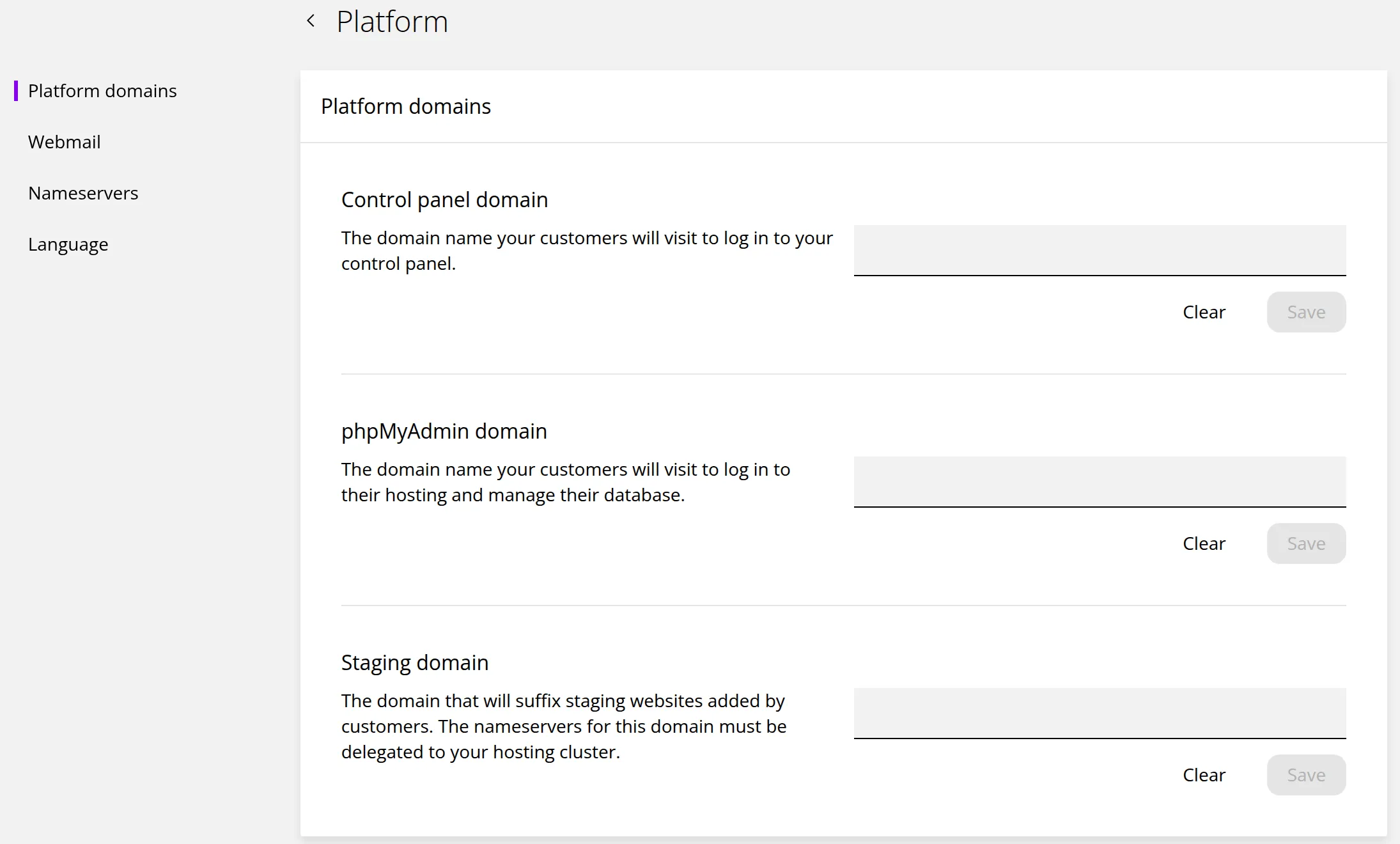 The Platform domains section of Platform settings. Marker 1 is beside Control panel domain, marker 2 beside phpMyAdmin domain and marker 3 beside Staging domain.