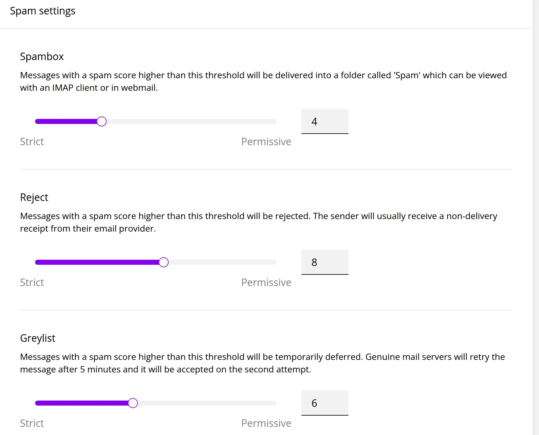 The Spam settings section with three sliders running from Strict to Permissive, each with its score in a box. Marker 1 is beside Spambox, marker 2 beside Reject and marker 3 beside Greylist.