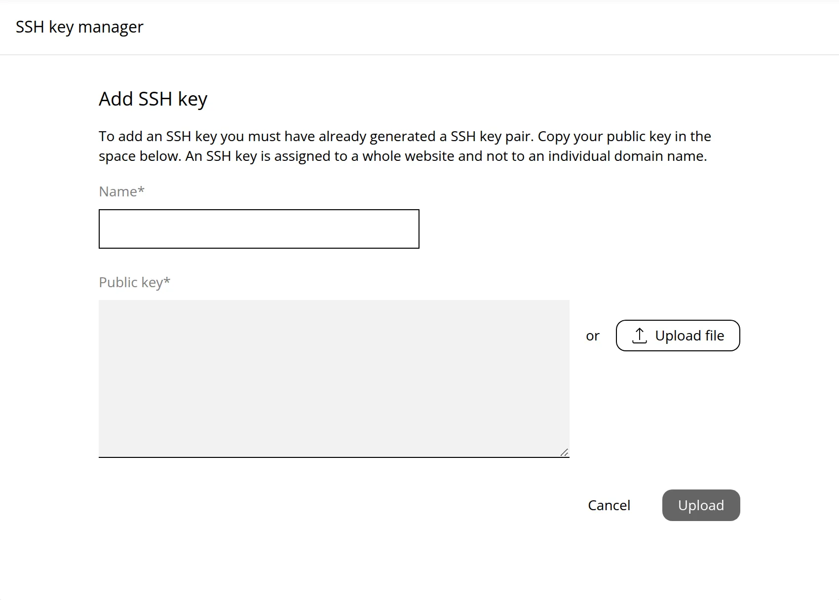 The Add SSH key form in the SSH key manager. Marker 1 is beside the Name field, marker 2 beside the Public key box, marker 3 beside the Upload file button and marker 4 beside the Upload button.