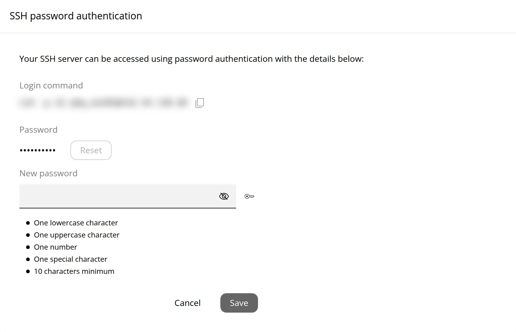 The SSH password authentication section with the password reset form open. Marker 1 is beside the copy button of the Login command, marker 2 beside the Reset button, marker 3 beside the button that generates a password and marker 4 beside the Save button.
