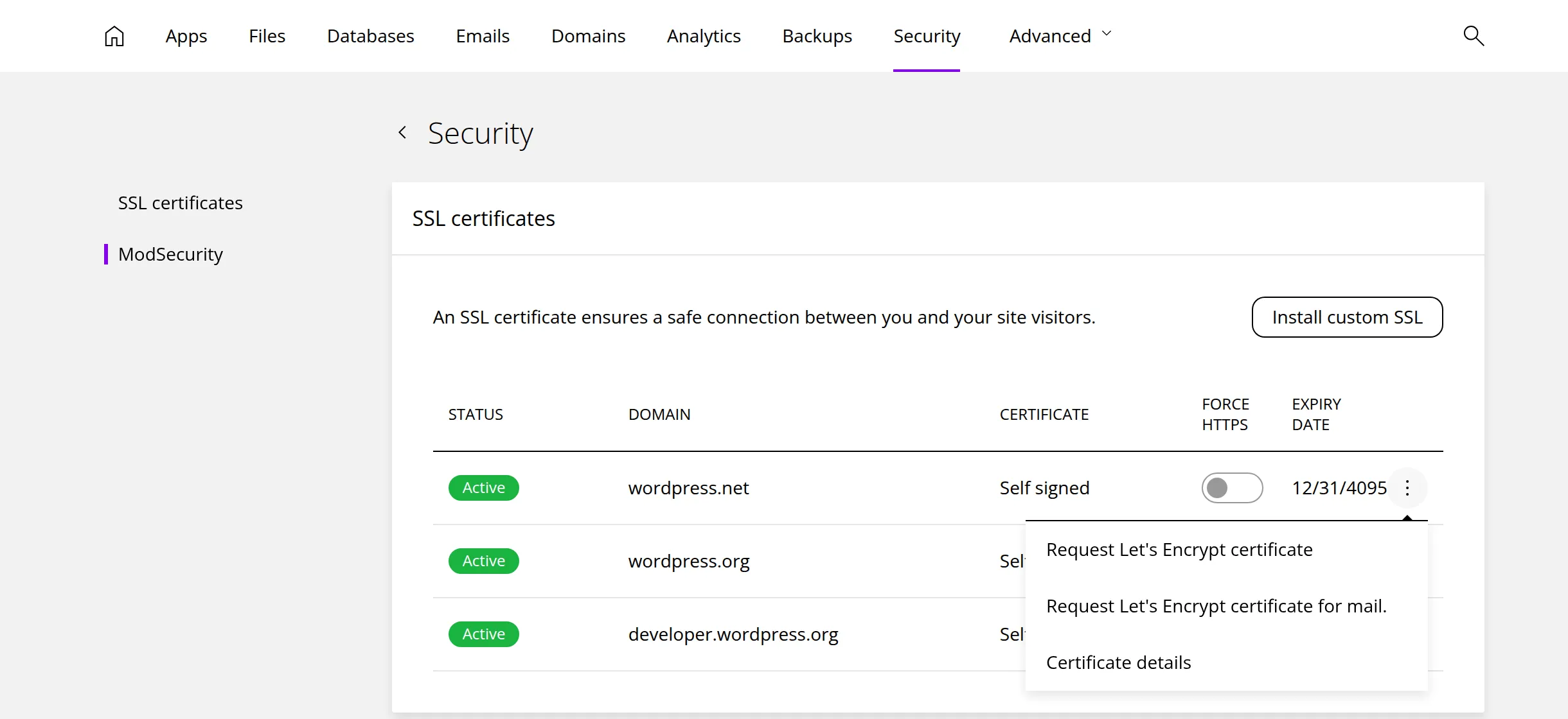 The SSL certificates list for a website with three domains, each Active with a Self signed certificate, a Force HTTPS switch and an expiry date. The first domain's menu is open with Request Let's Encrypt certificate, Request Let's Encrypt certificate for mail and Certificate details. Marker 1 is beside the Install custom SSL button, marker 2 beside the Certificate column, marker 3 beside the Force HTTPS switch and marker 4 beside the open menu.
