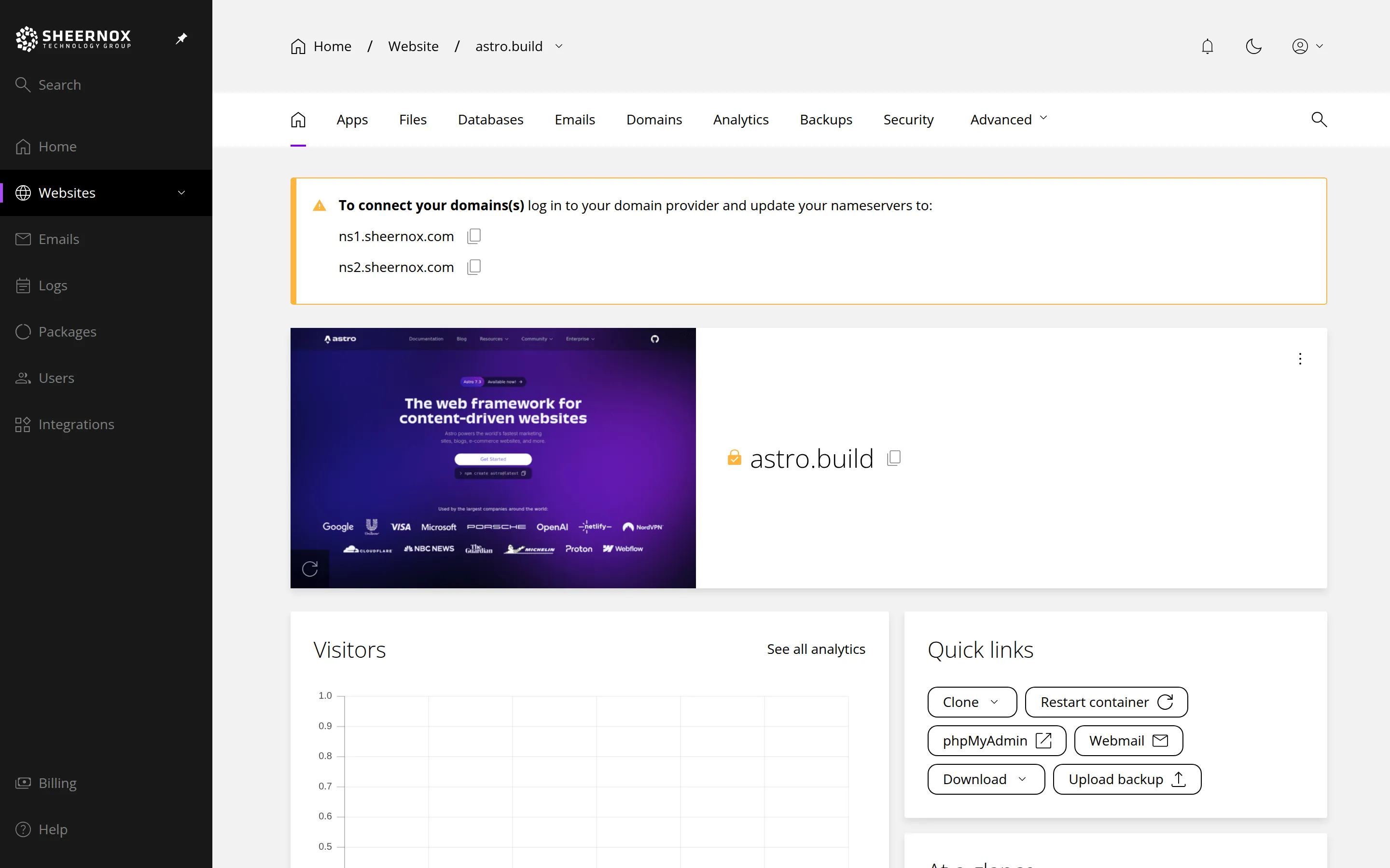 A website's overview page. Marker 1 is beside the website's navigation bar, marker 2 beside the Advanced menu, marker 3 beside the website's menu button, marker 4 beside Quick links and marker 5 beside the nameserver notice.
