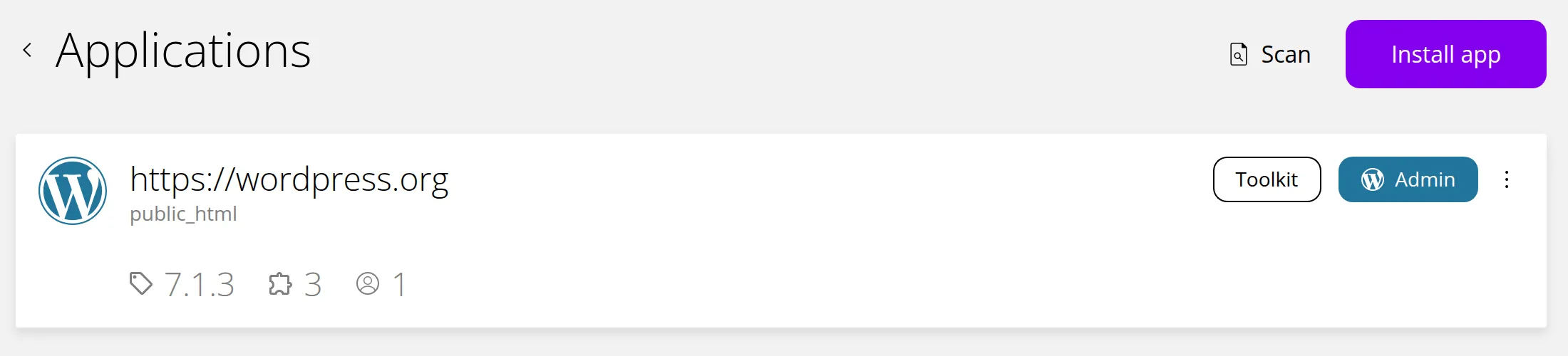 A website's Applications list with one WordPress installation, showing its address, folder, WordPress version, number of plugins and number of users. Marker 1 is below the Admin button, marker 2 below the Toolkit button, marker 3 beside Scan and marker 4 below the installation's menu button.