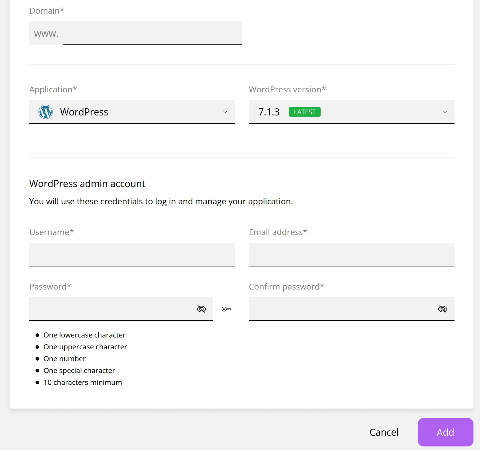 The Add website page with Install an app selected. Marker 1 is beside the Domain field, marker 2 beside Application, set to WordPress, marker 3 beside WordPress version, marker 4 beside the WordPress admin account section, marker 5 below the button that generates a password and marker 6 beside the Cancel and Add buttons.