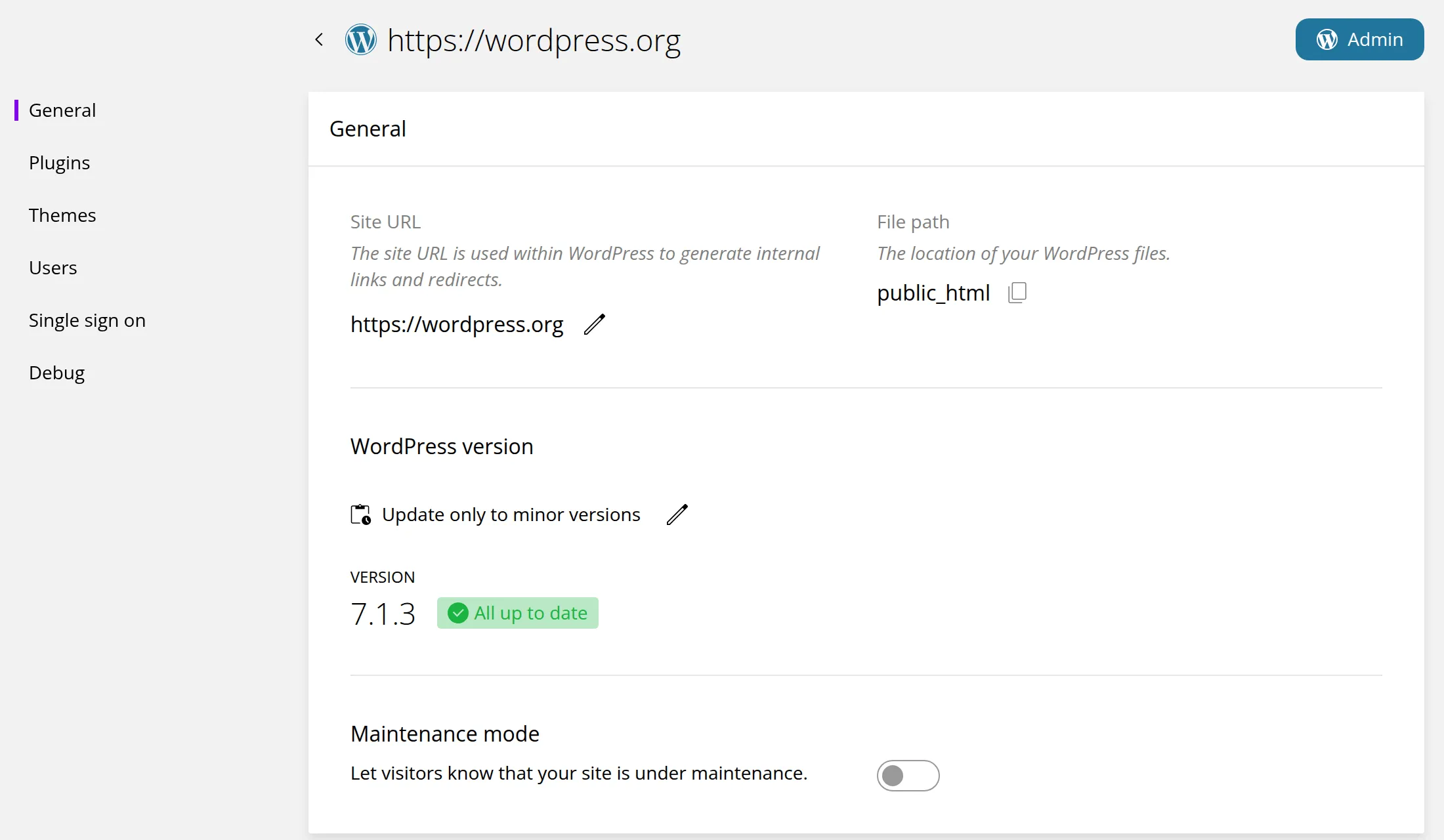 The WordPress Toolkit's General section. Marker 1 is beside the section list: General, Plugins, Themes, Users, Single sign on and Debug. Marker 2 is beside the Admin button, marker 3 beside the Site URL edit button, marker 4 beside the WordPress version update setting and marker 5 beside the Maintenance mode switch.