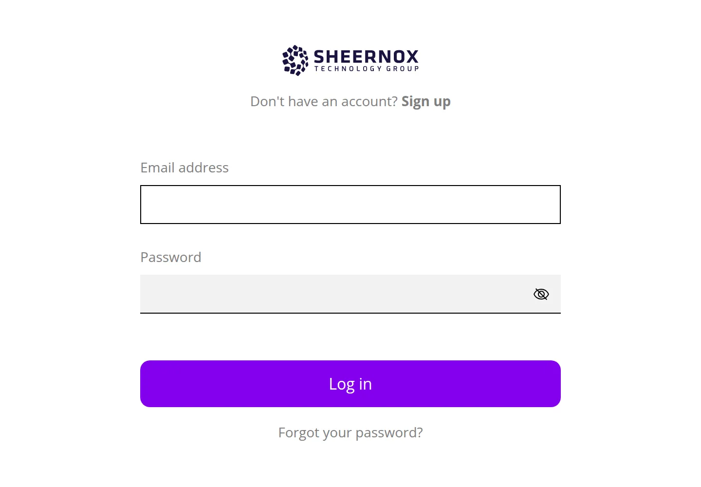 The control panel sign-in page. Marker 1 is the Email address field, marker 2 the Password field, marker 3 the Log in button and marker 4 the Forgot your password link.