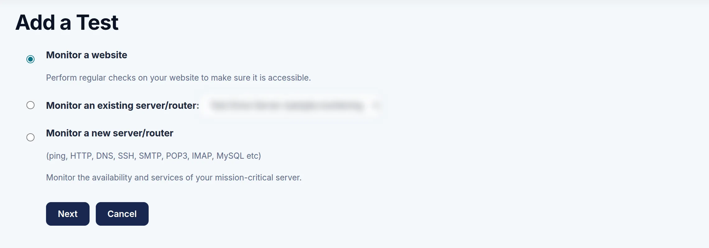 The Add a Test page. Marker 1 is beside the Monitor a website option, marker 2 beside Monitor an existing server/router and marker 3 beside Monitor a new server/router.