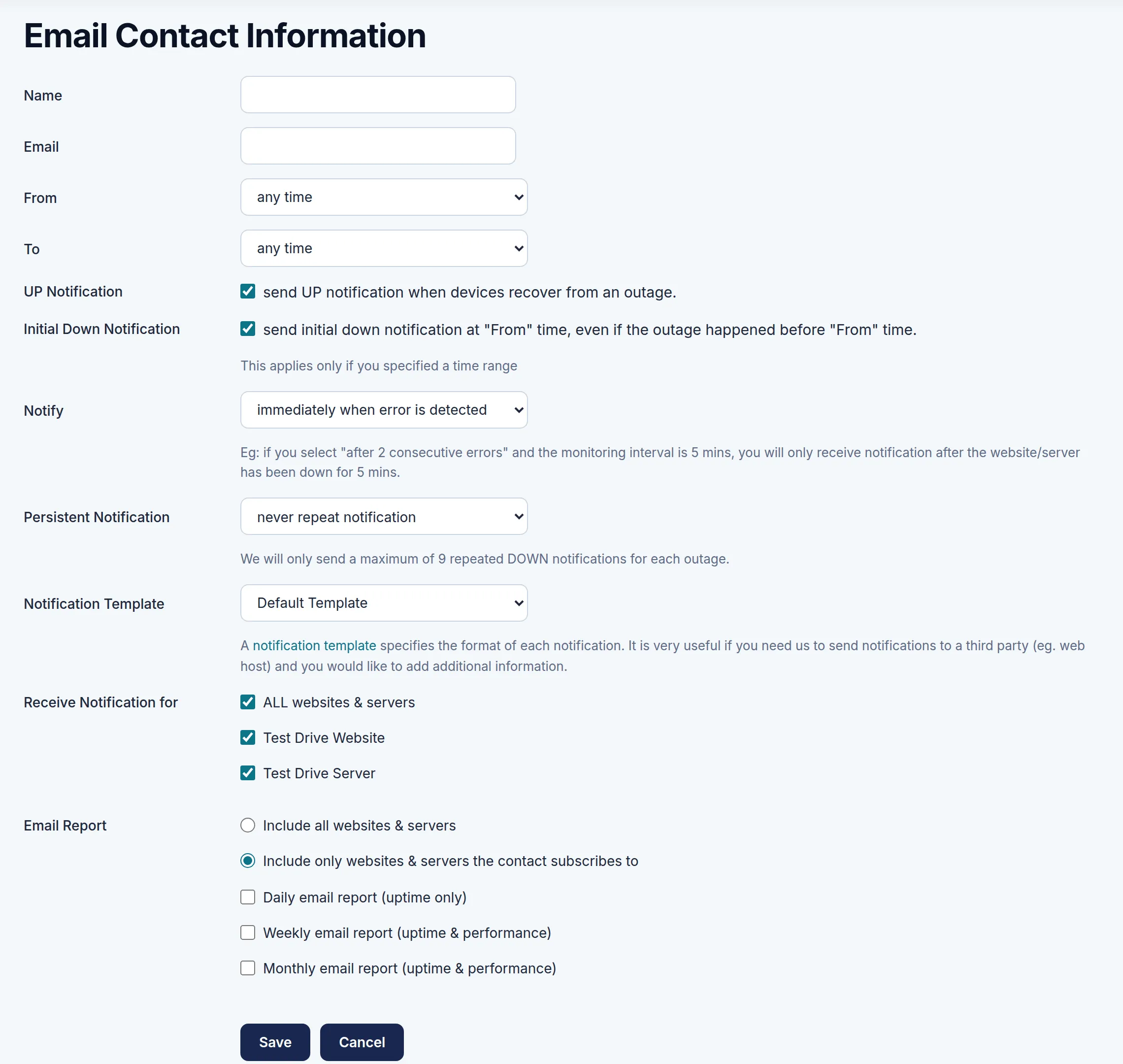 The Email Contact Information form. Marker 1 is beside the Email field, marker 2 beside the From time list, marker 3 beside the Notify list, marker 4 beside the Persistent Notification list, marker 5 beside the Notification Template list, marker 6 beside the ALL websites and servers box and marker 7 beside the Daily email report box.