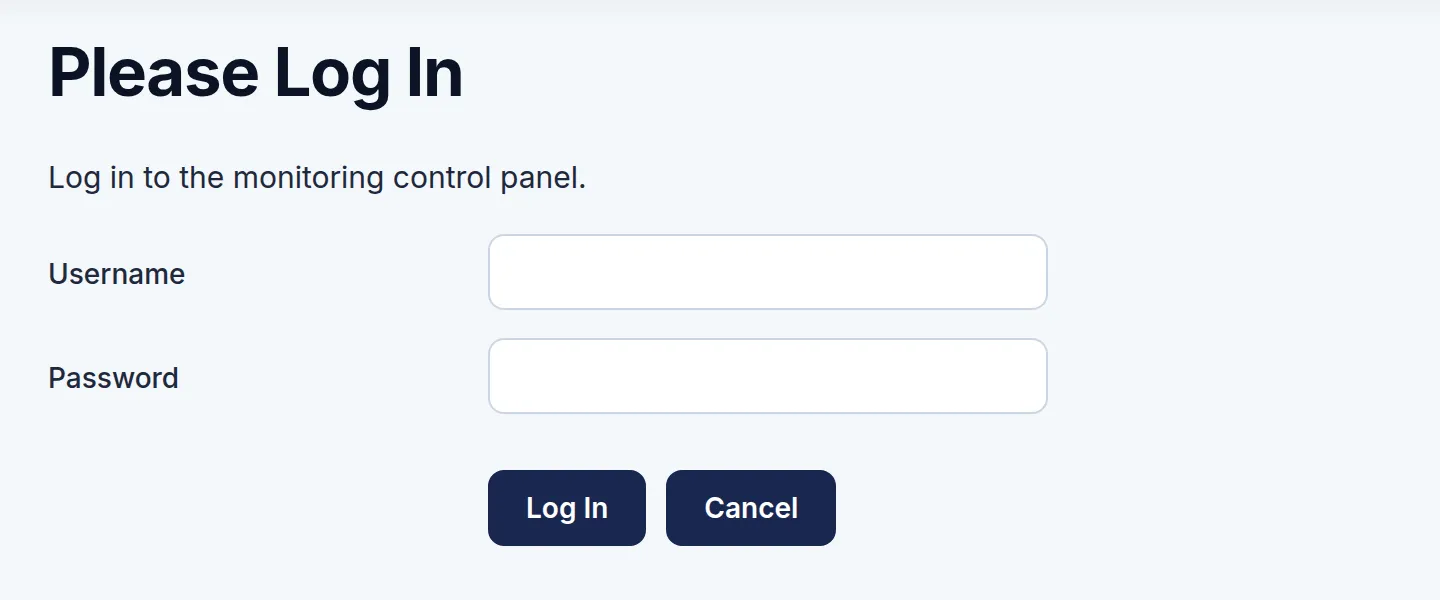 The UptimeHawk sign-in page. Marker 1 is beside the Username field, marker 2 beside the Password field and marker 3 beside the Log In button.