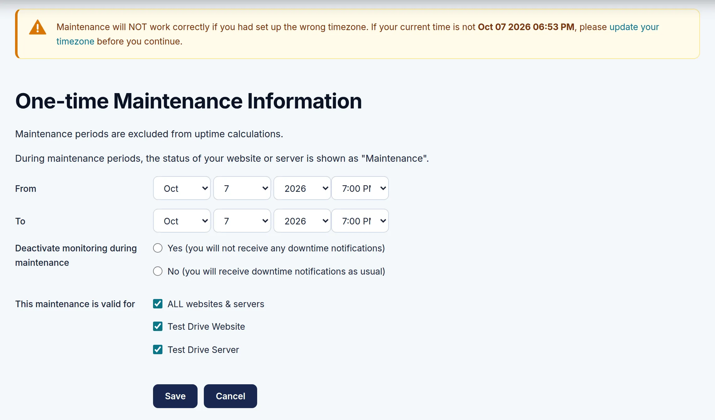 The One-time Maintenance Information form, below a notice showing the account's current time. Marker 1 is beside the From date and time, marker 2 beside the To date and time, marker 3 beside the option to deactivate monitoring during maintenance and marker 4 beside the box for all websites and servers.