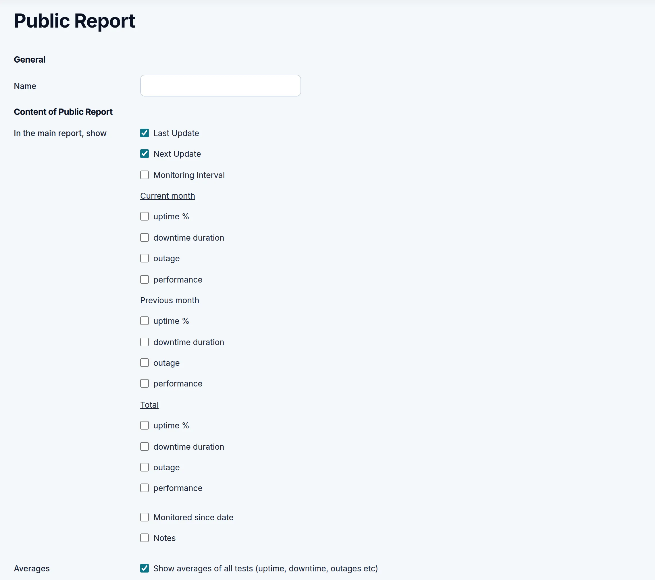 The top of the Public Report form. Marker 1 is beside the Name field and marker 2 beside the uptime percentage box under Current month.