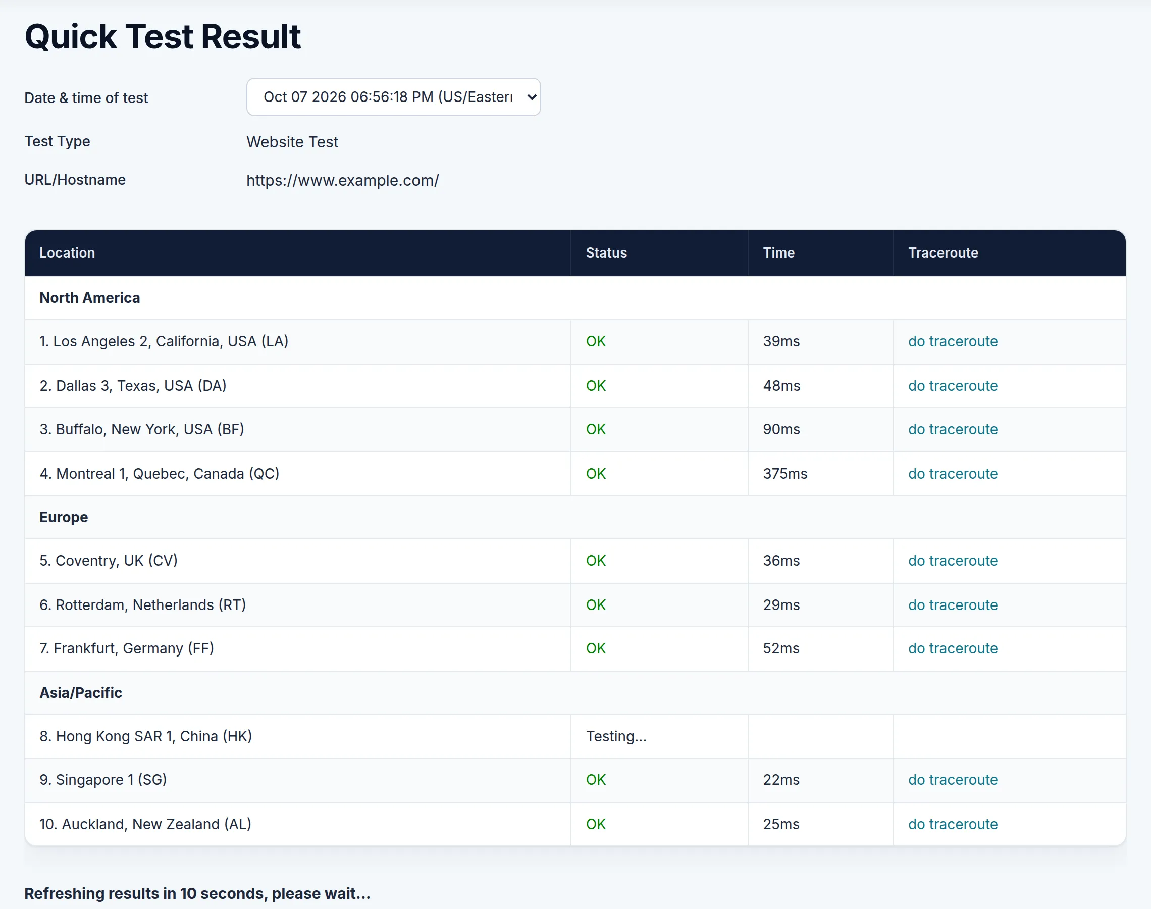 Quick Test Result for a website test of www.example.com, listing ten monitoring locations grouped into North America, Europe and Asia/Pacific. Each shows a status of OK and a response time in milliseconds, with a do traceroute link; one location is still Testing.