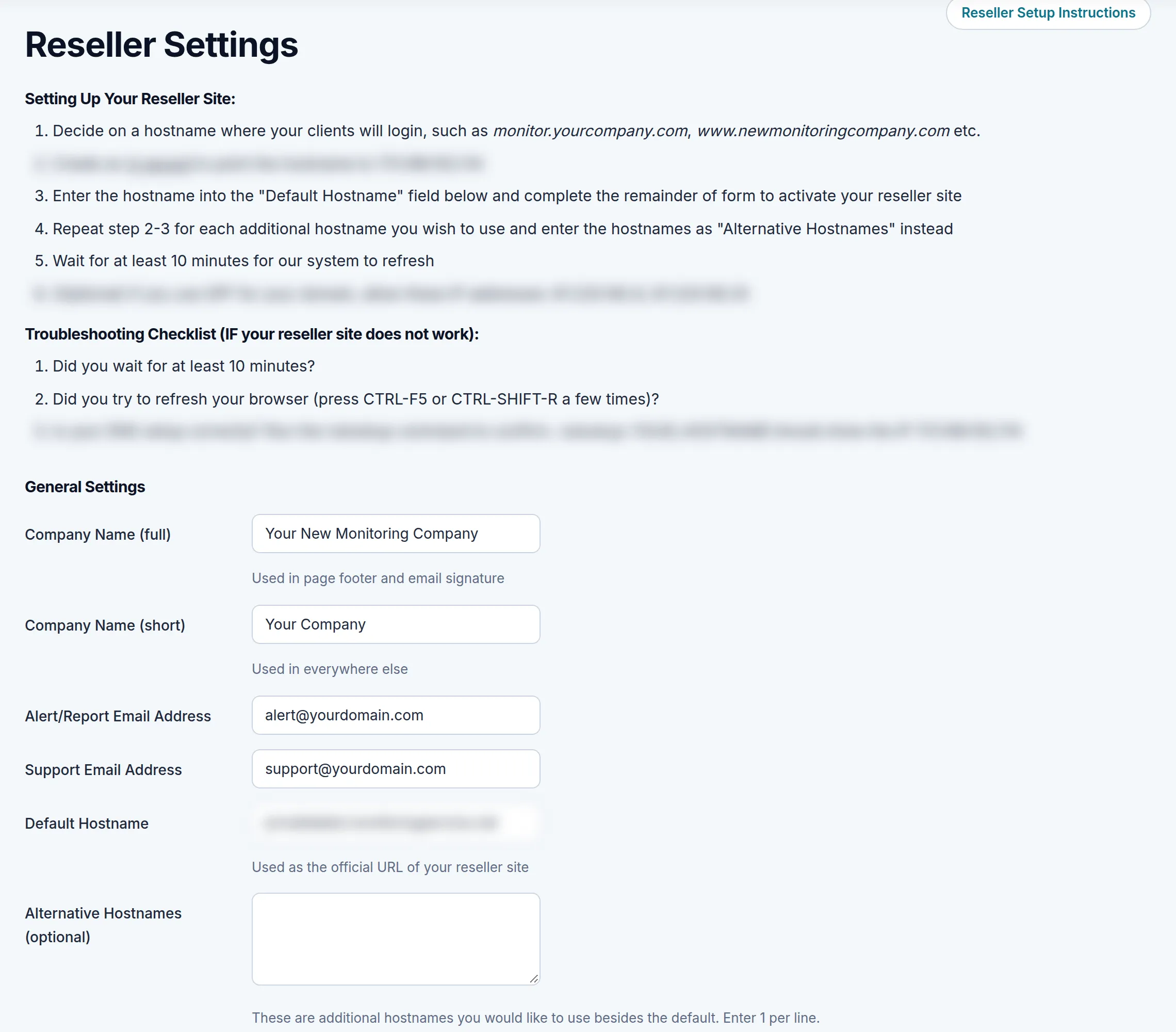The Reseller Settings page with the setup instructions at the top, where the line naming the IP address for the A record is blurred, and the General Settings form below. Marker 1 is beside the A record instruction, marker 2 beside the Company Name (full) field and marker 3 beside the Default Hostname field.