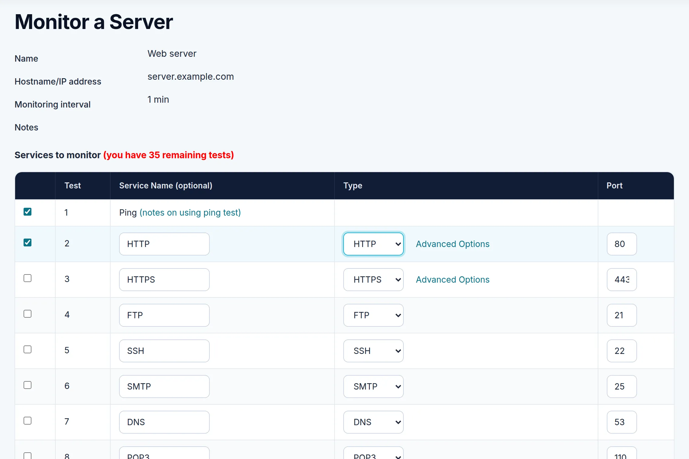 The services table for a new server. Marker 1 is beside the Ping test, whose box is ticked, marker 2 beside the Service Name field of the HTTP test, marker 3 beside its Type list and Advanced Options link, and marker 4 beside its Port field.