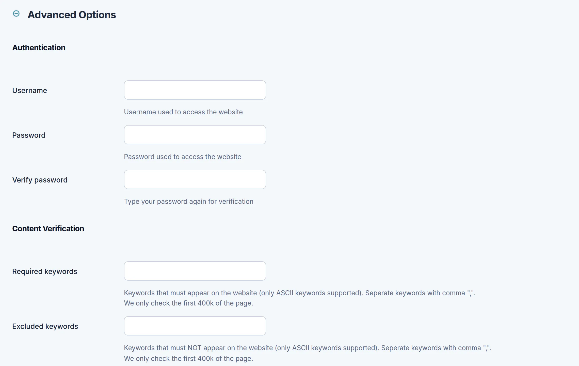 The Authentication and Content Verification sections of Advanced Options. Marker 1 is beside the Username field, marker 2 beside the Required keywords field and marker 3 beside the Excluded keywords field.