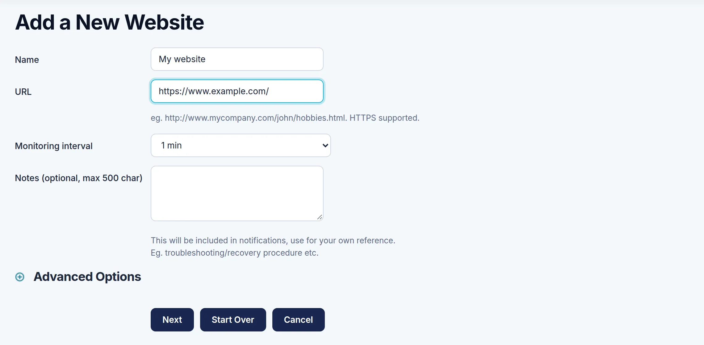 The Add a New Website form. Marker 1 is beside the Name field, marker 2 beside the URL field, marker 3 beside the Monitoring interval list, marker 4 beside the Notes box, marker 5 beside the Advanced Options heading and marker 6 beside the Next button.