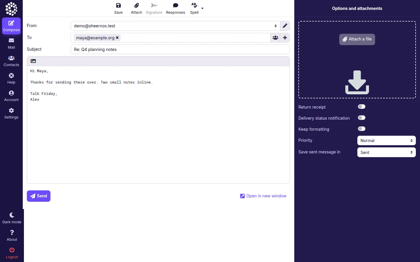The webmail compose screen. Marker 1 is beside the To field, marker 2 beside the Subject field, marker 3 in the message body, marker 4 beside the toolbar with Save, Attach, Signature, Responses and Spell, marker 5 beside the Send button and marker 6 in the Options and attachments panel.