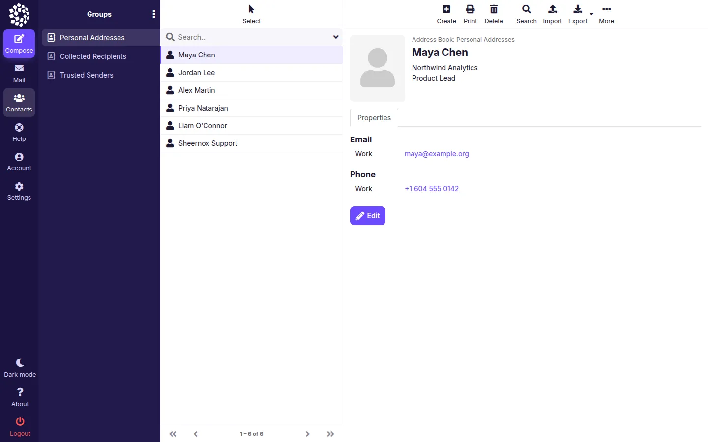 The webmail address book with a contact open. Marker 1 is in the list of address books, marker 2 beside the Create button, marker 3 beside the Import and Export buttons and marker 4 beside the Edit button.